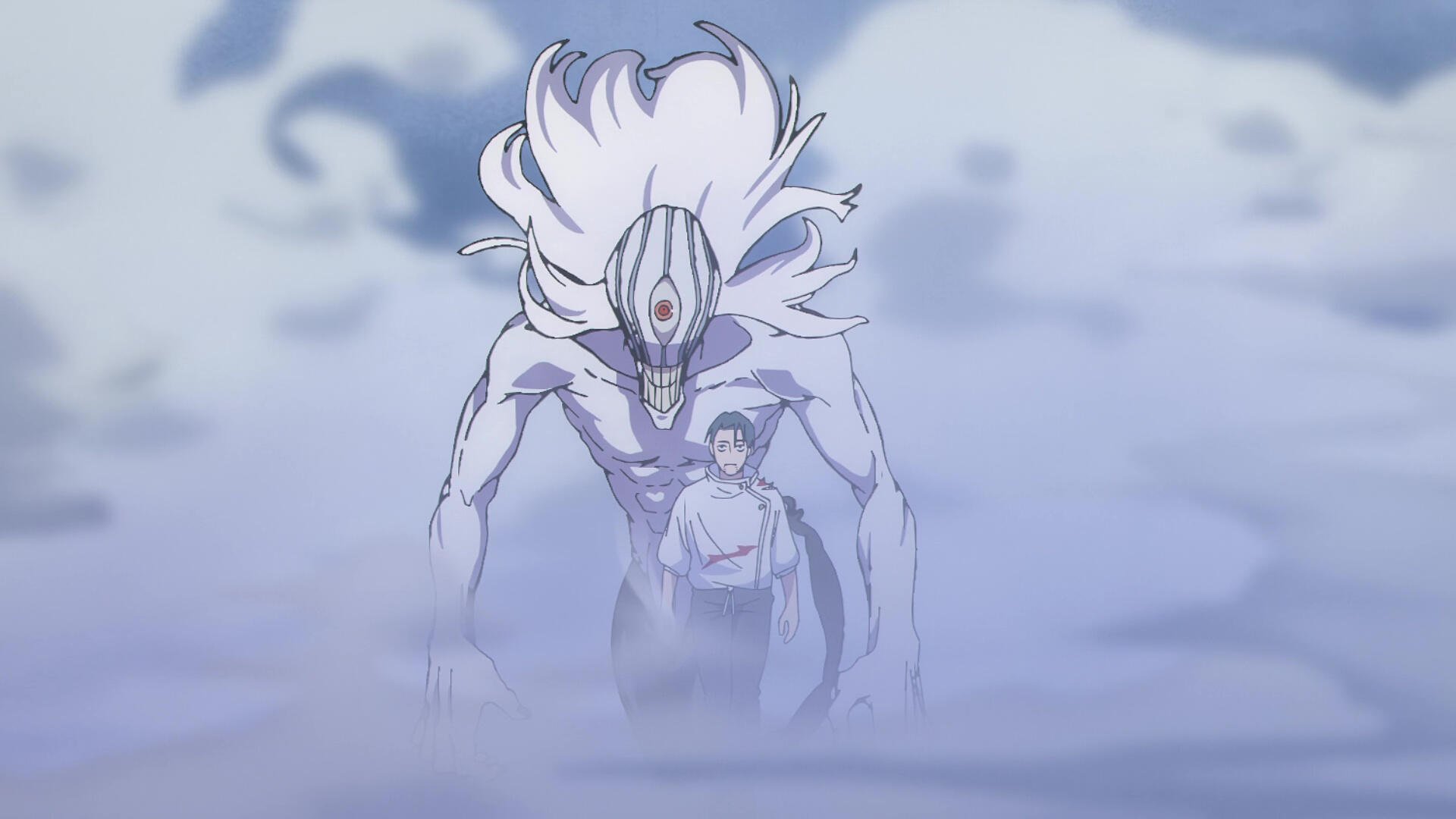 Anime HD desktop wallpaper from Jujutsu Kaisen: Yuta Okkotsu in mist with a towering white cursed spirit looming behind him.