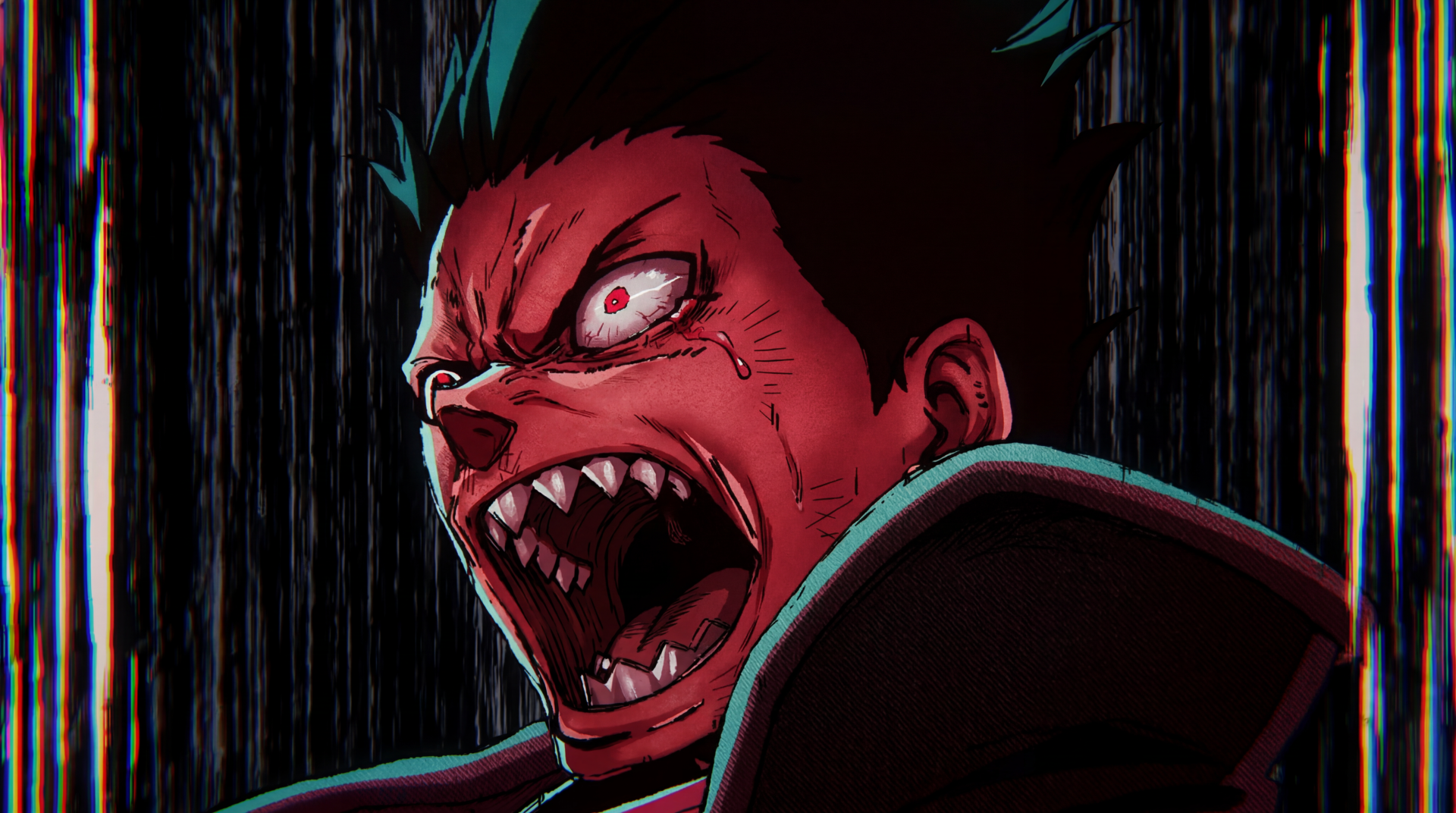 Fire Force anime 5K UHD desktop wallpaper: Shinra Kusakabe screaming in rage, eyes blazing, fanged mouth open, face twisted in despair against a dark, rain-streaked background.