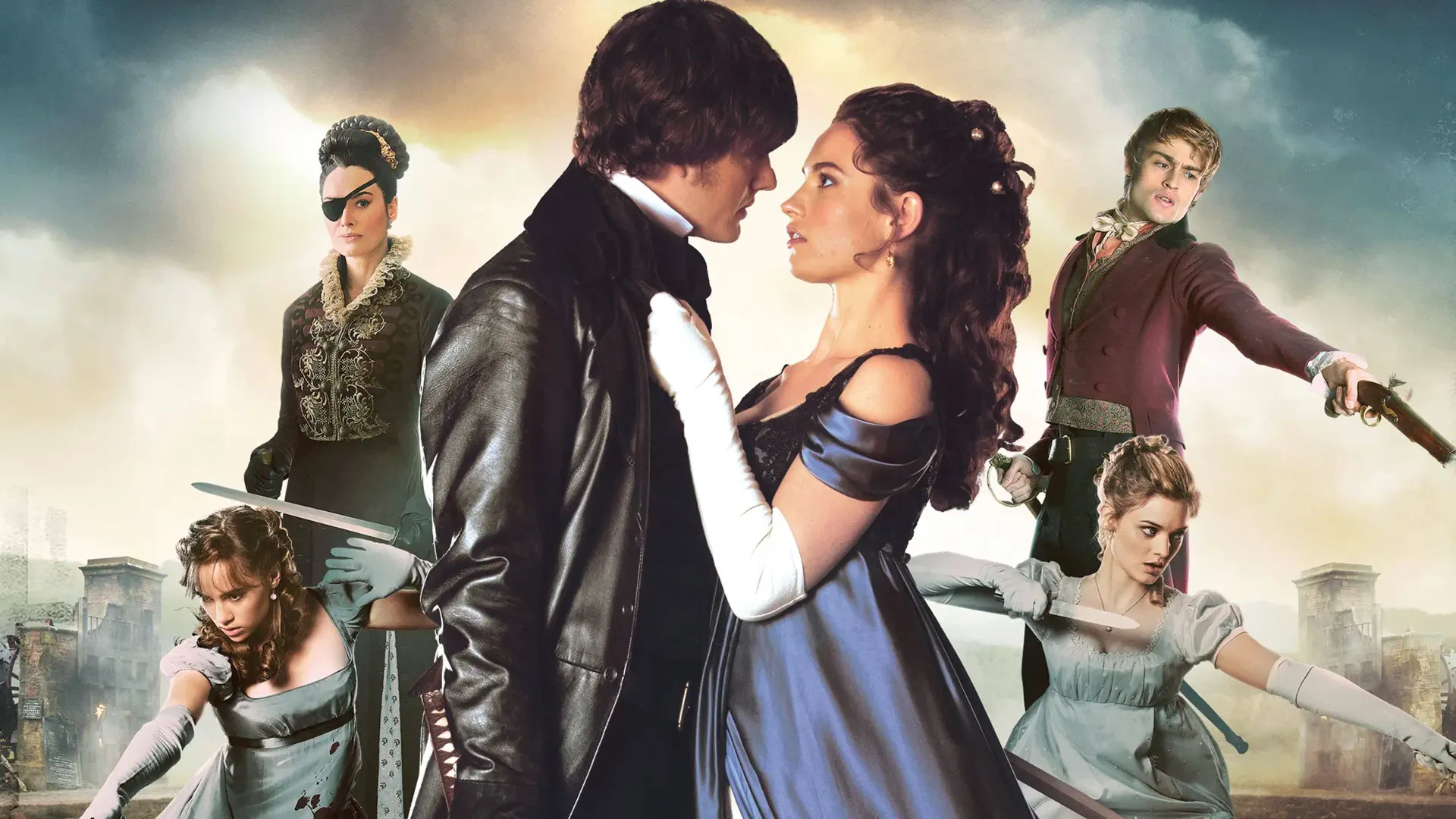 4K Ultra HD PC wallpaper: Pride and Prejudice and Zombies — a Regency couple face-to-face, surrounded by sword‑wielding allies and looming undead under a stormy sky.