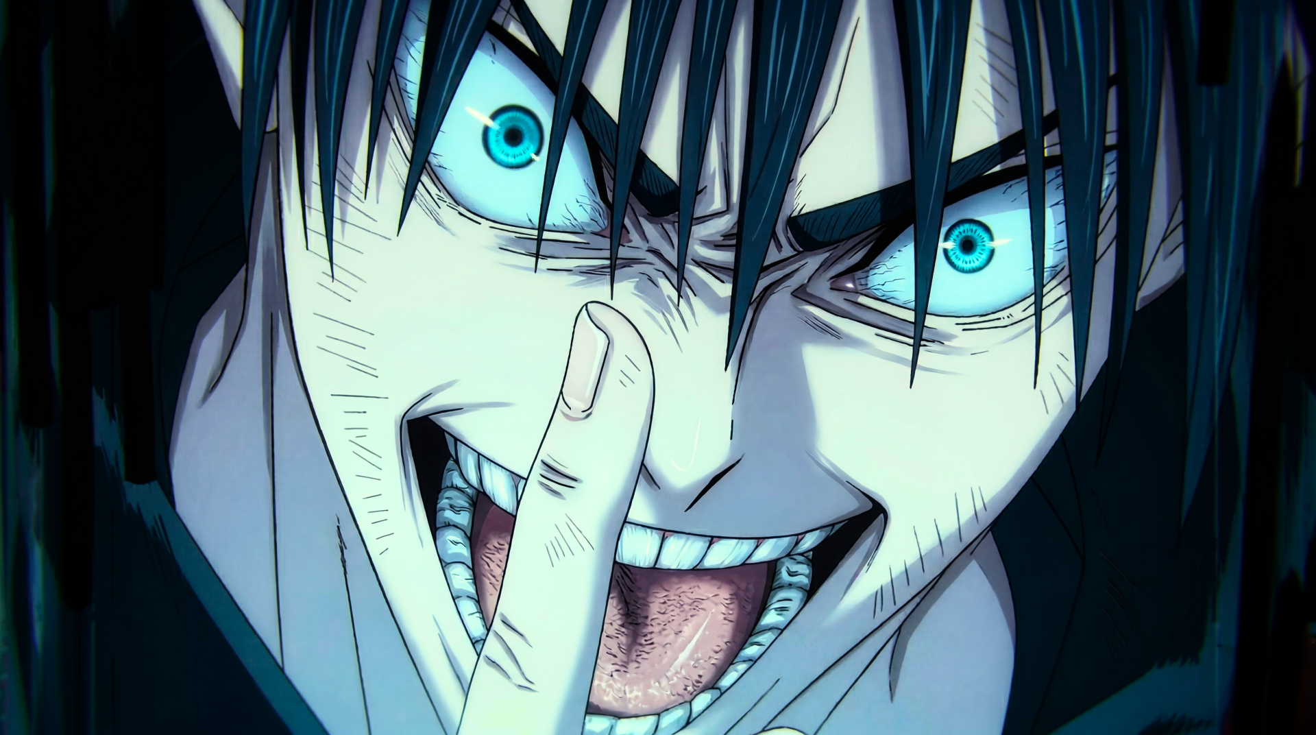 Close-up of Megumi Fushiguro from Jujutsu Kaisen 3rd Season, manic grin and glowing cyan eyes with finger to lips — 5K Ultra HD PC desktop wallpaper/background.