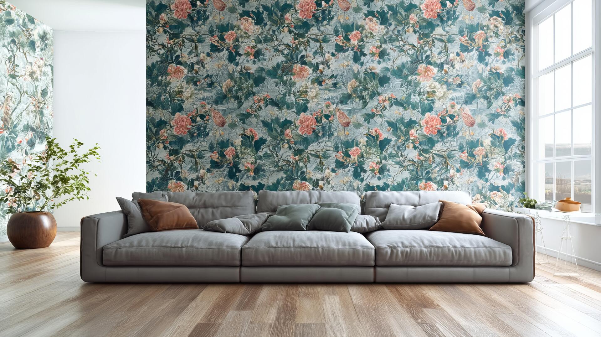 Peel And Stick floral wallpaper behind a gray sofa with throw pillows in a bright living room interior decor — 2K Quad HD PC desktop wallpaper and background