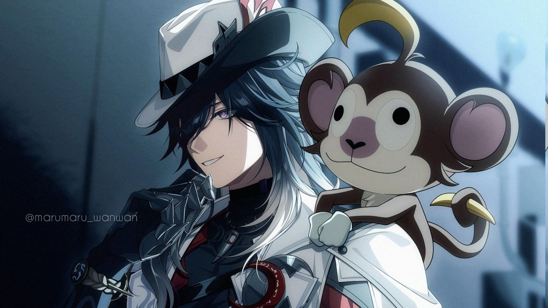 Ashveil from Honkai: Star Rail, smirking with a cheeky monkey companion on an HD PC desktop wallpaper, cool-toned city background.