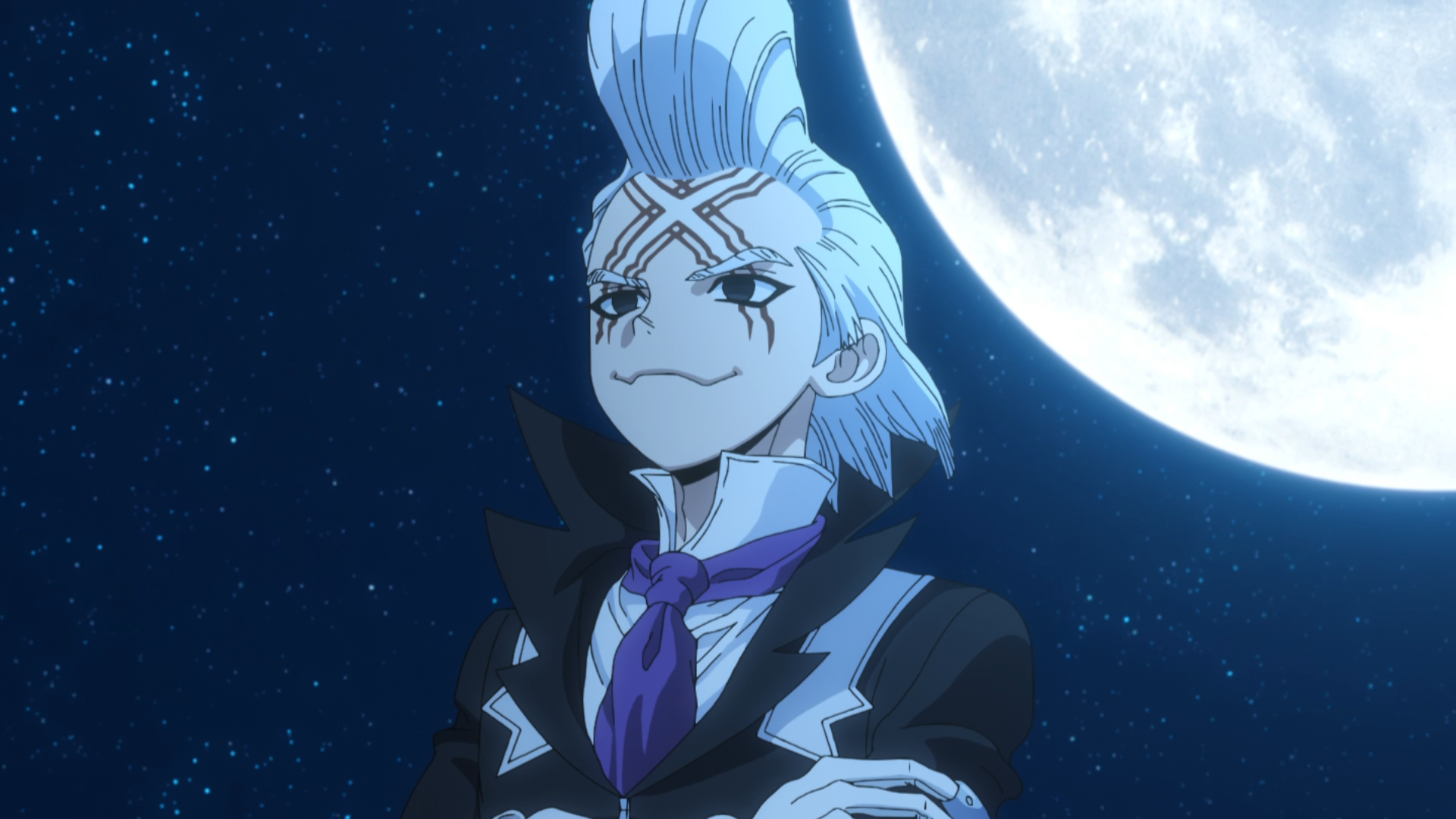 HD PC desktop wallpaper of Dr. Xeno from the anime Dr. Stone — white-haired scientist in a dark suit standing confidently beneath a large full moon and starry sky.