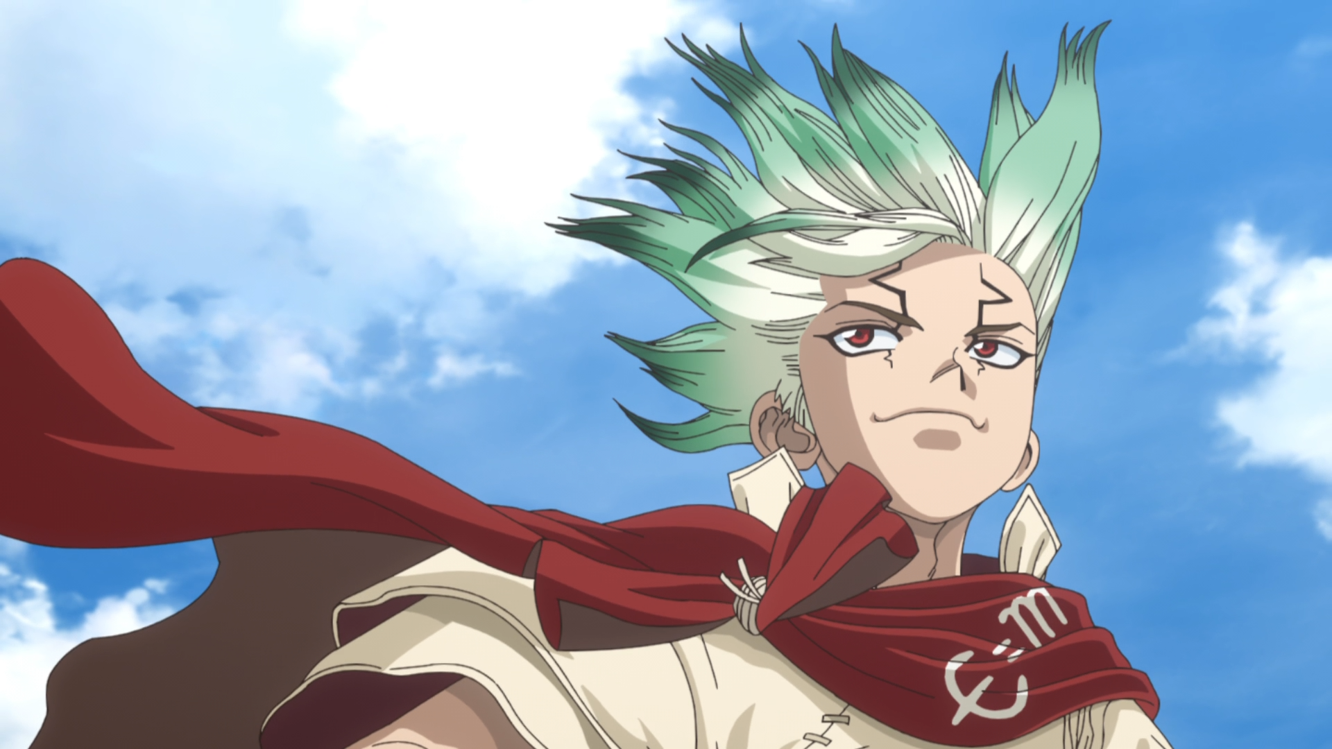 HD PC desktop wallpaper of Senku Ishigami from the anime Dr. Stone — a heroic close-up with windblown green hair, red scarf, and bright blue sky background.