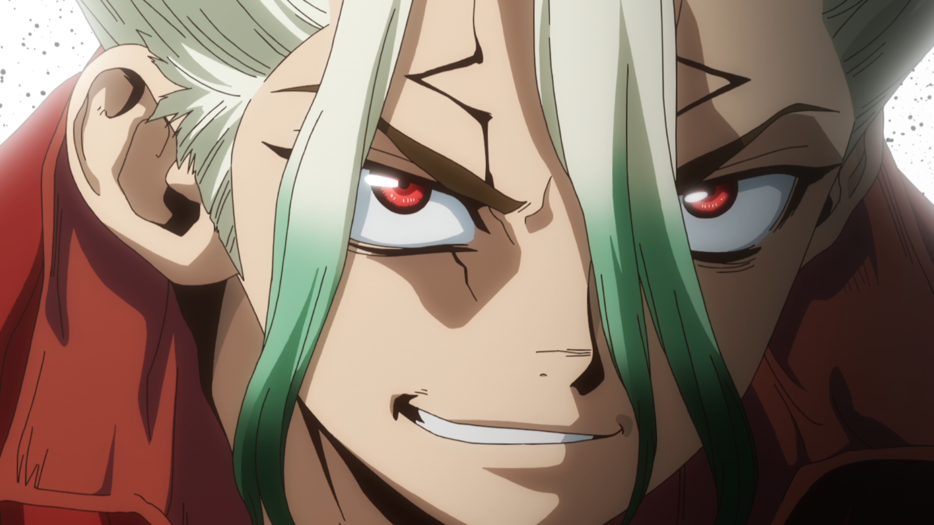 HD PC desktop wallpaper: close-up anime portrait of Dr. Stone's Senku Ishigami, smirking with red eyes and green-tipped white hair.