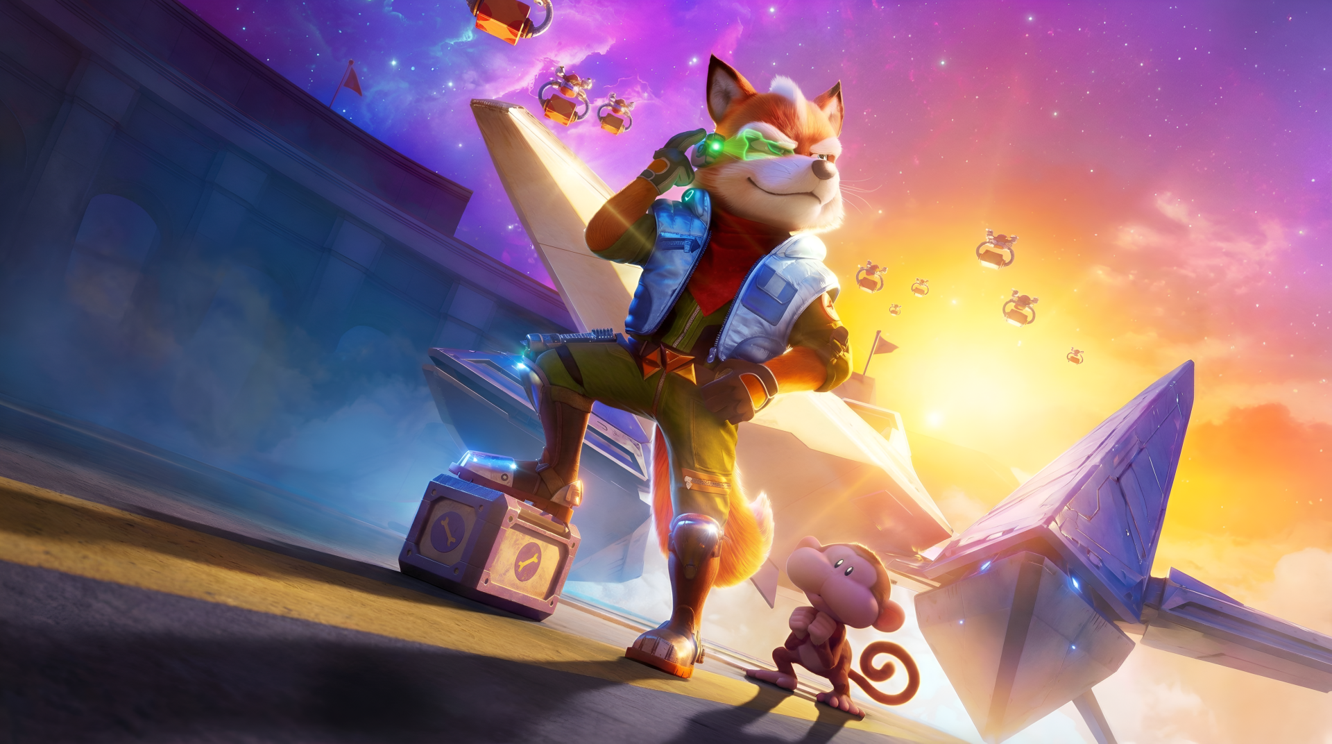 4K Ultra HD PC wallpaper for The Super Mario Galaxy Movie: cartoon of Fox McCloud standing heroically with a small companion against a glowing galaxy sky.