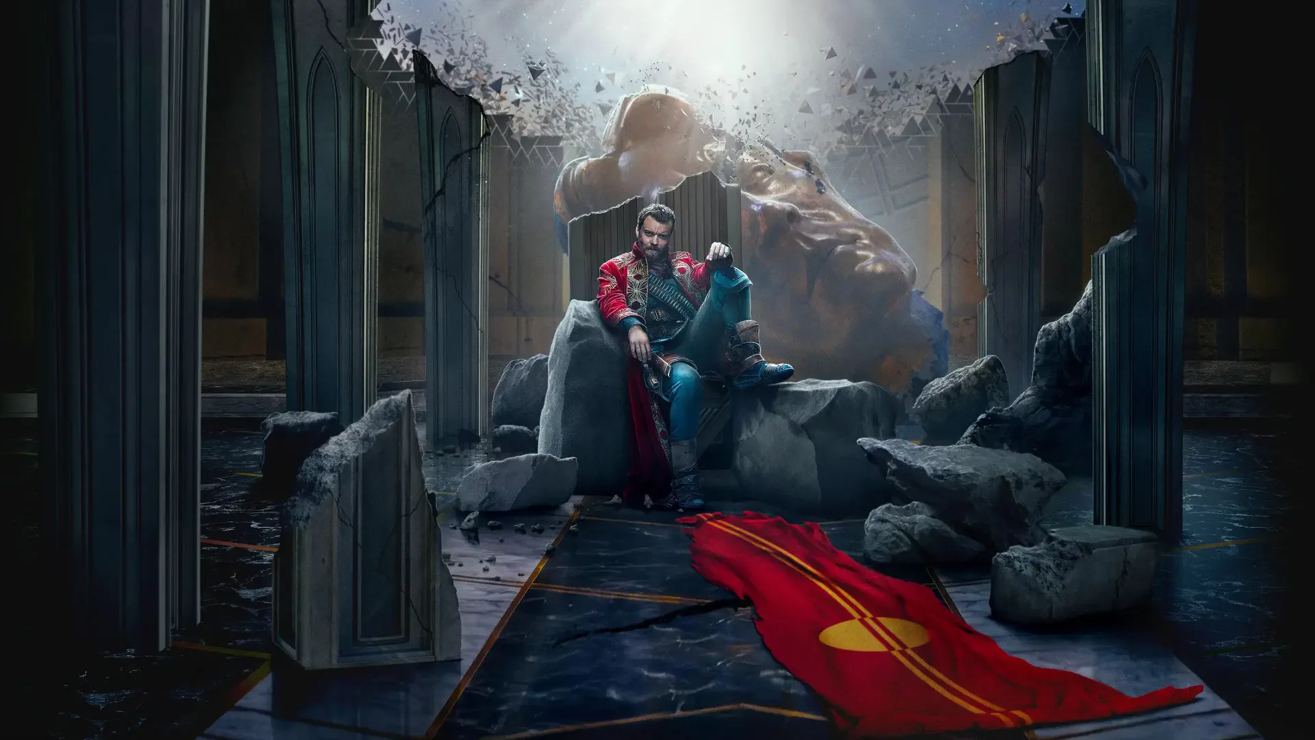 Foundation-themed 4K Ultra HD PC desktop wallpaper: two robed figures on a crumbling throne in a ruined hall, a red banner trailing across broken marble under dramatic light.