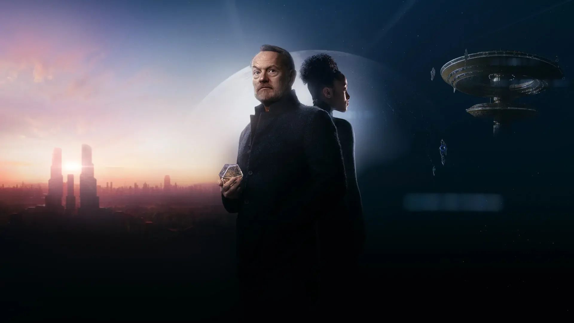 Foundation 4K Ultra HD PC desktop wallpaper: two silhouetted figures back-to-back before a glowing futuristic skyline at dusk, hovering craft and distant towers under a hazy, cinematic sky.