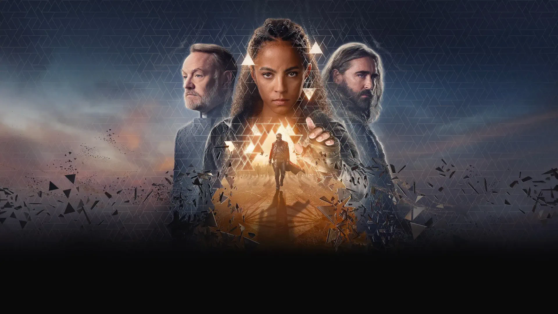 Foundation 4K Ultra HD PC desktop wallpaper: three figures flank a glowing gear-like portal as a silhouetted person walks through, shards drifting against a moody cosmic background.