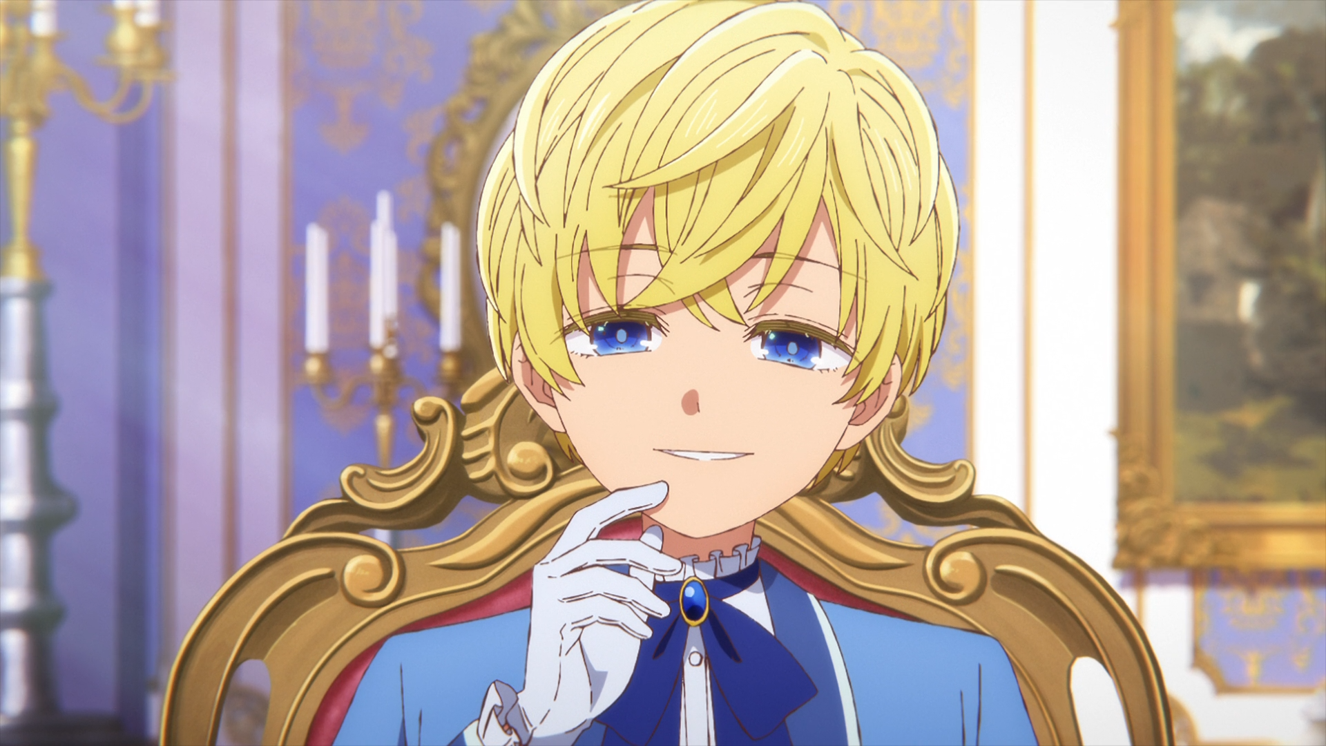 HD PC desktop wallpaper of Cecil Glo Alphasta from An Observation Log of My Fiancée Who Calls Herself a Villainess: blond prince in blue coat, smirking on an ornate chair.