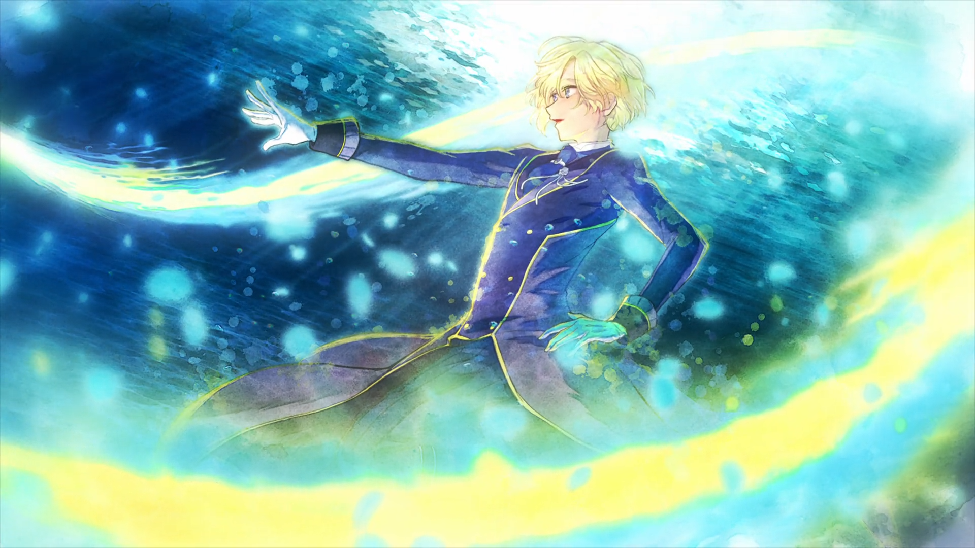 HD anime wallpaper of Cecil Glo Alphasta from An Observation Log of My Fiancée Who Calls Herself a Villainess, blond prince casting swirling blue and gold magic.