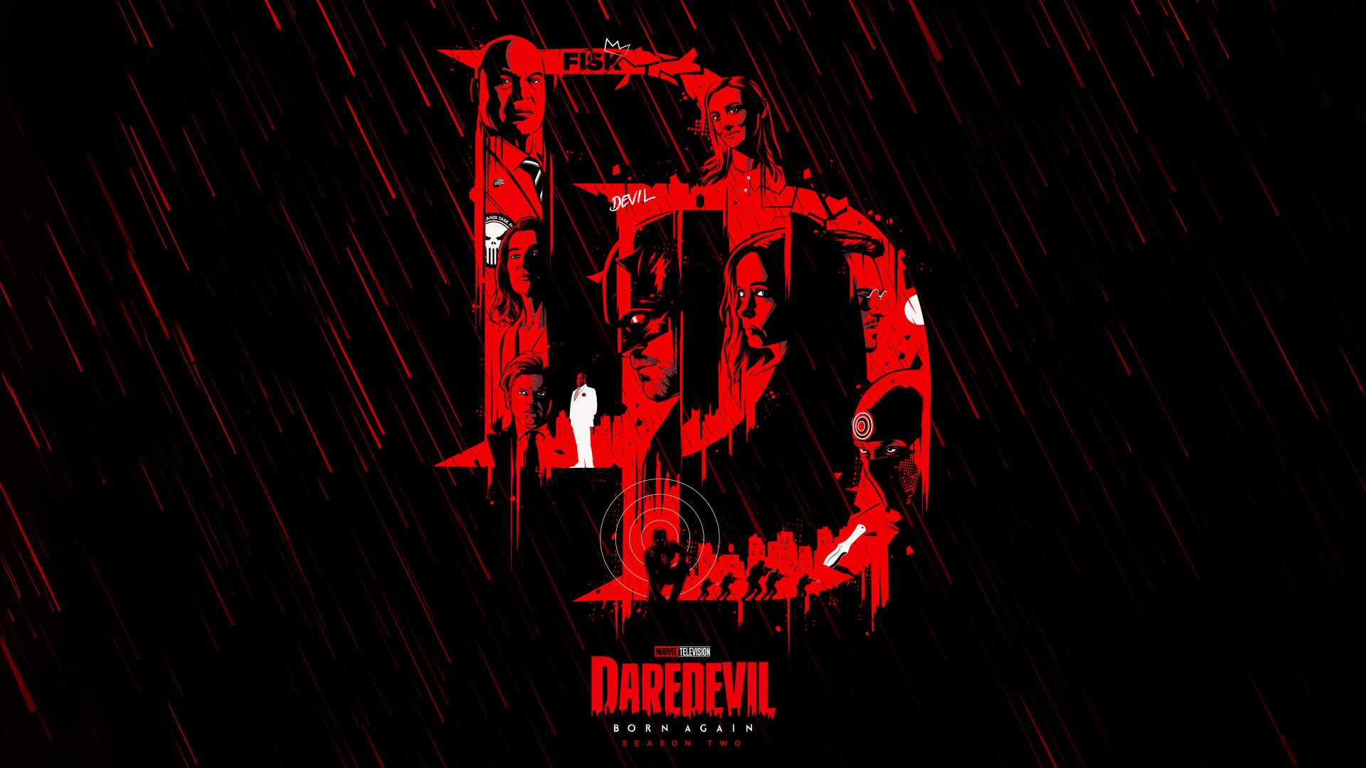 Dark rain-soaked black background with a blood-red distressed 'D' filled with Daredevil figures and Hell's Kitchen silhouettes — Daredevil: Born Again 5K Ultra HD PC wallpaper.