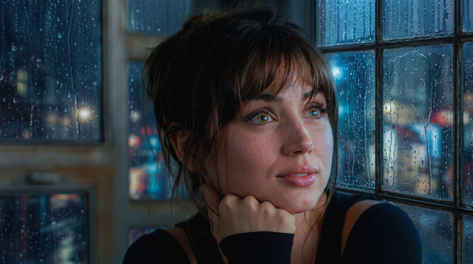 Close-up of Joi (Blade Runner 2049) gazing through a rain-speckled window, neon cyberpunk palette, 5K UHD desktop wallpaper.