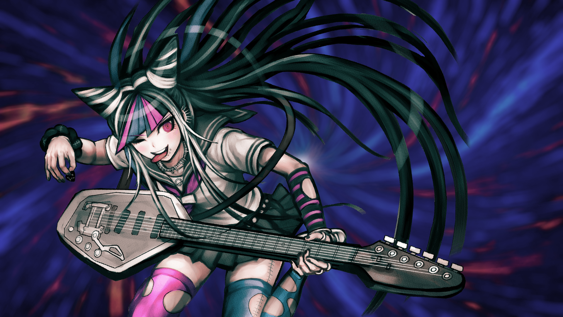 Ibuki Mioda from Danganronpa 2: Goodbye Despair shredding an electric guitar amid purple-blue swirls — HD PC desktop wallpaper/background.