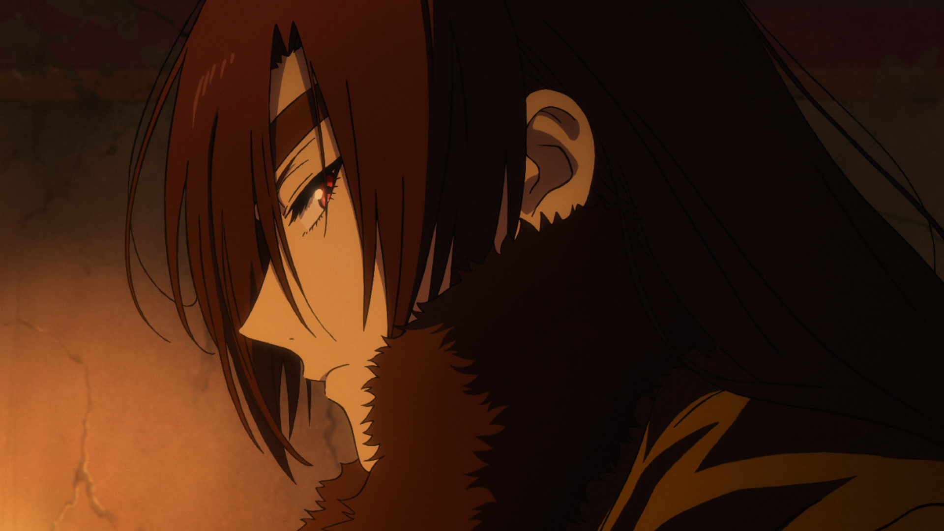 Close-up profile of Asa from Daemons of the Shadow Realm, dark hair and fur collar bathed in warm light — HD PC desktop wallpaper