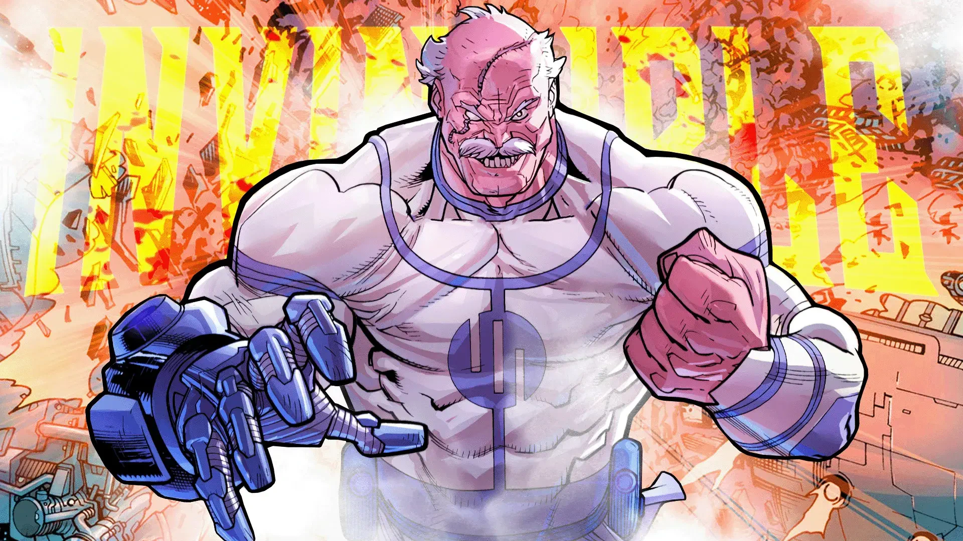 HD PC desktop wallpaper of Invincible comic villain Conquest: hulking purple-skinned warrior in a torn white singlet, clenched fist and outstretched arm before a fiery, ruined city backdrop.