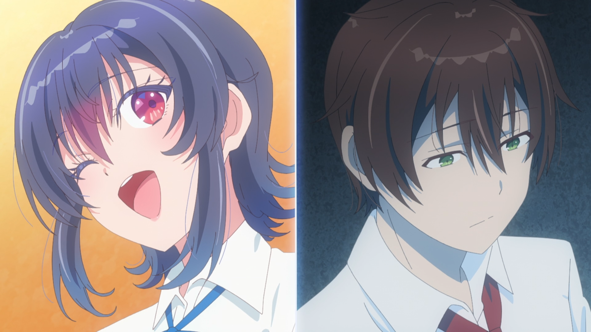 Anime HD PC wallpaper: split portraits of Umi Asanagi (navy hair, pink eyes, winking) and Maki Maehara (brown hair, green eyes, neutral) — I Made Friends with the Second Prettiest Girl in My Class