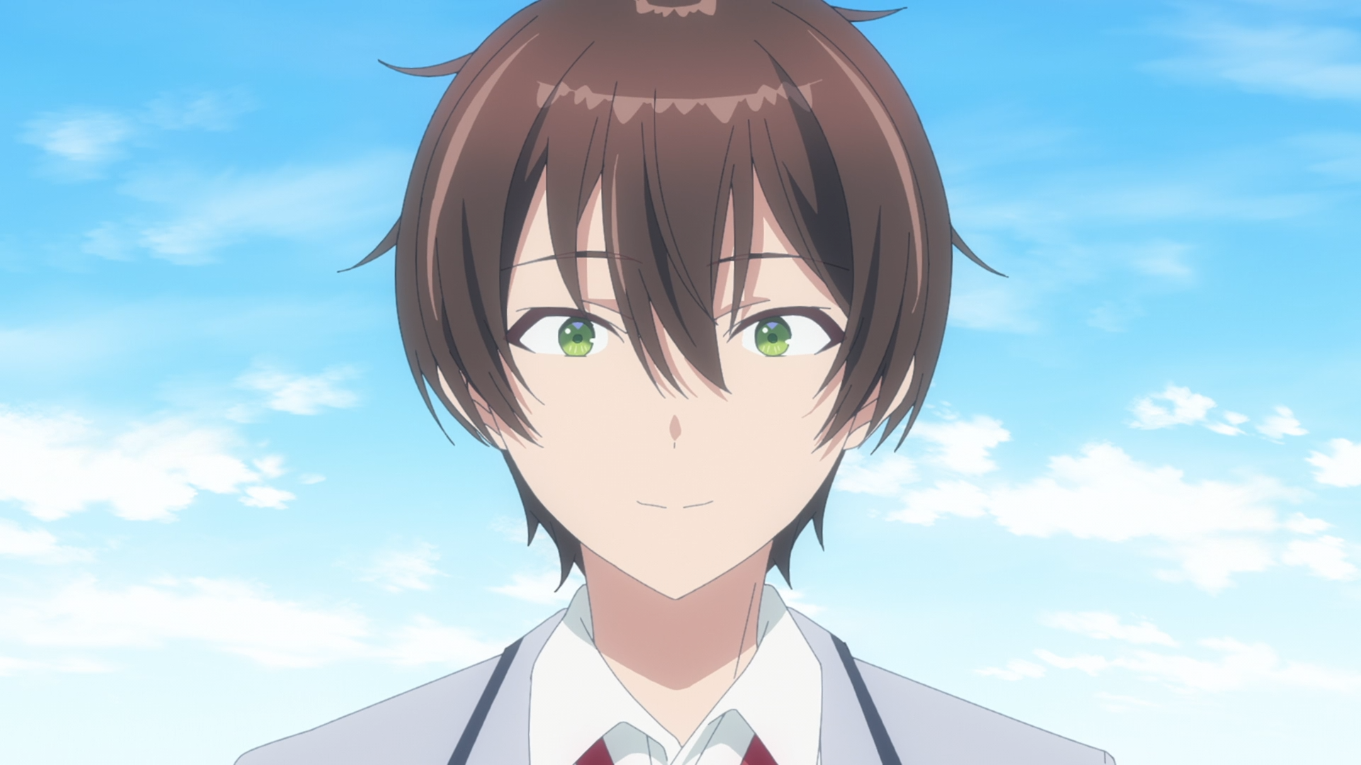 Anime HD desktop wallpaper of Maki Maehara from I Made Friends with the Second Prettiest Girl in My Class — close-up portrait in school uniform against a bright blue sky.