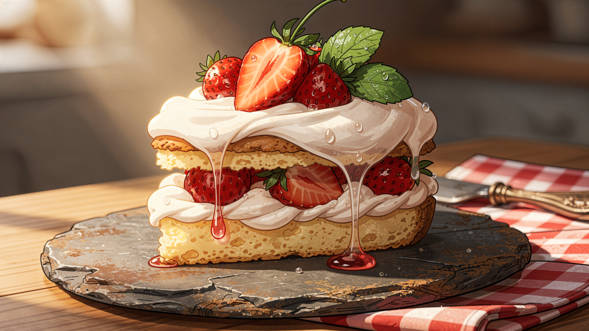 4K Ultra HD PC desktop wallpaper of a glazed strawberry shortcake slice with whipped cream, fresh berries and mint on a slate plate, warm kitchen background.