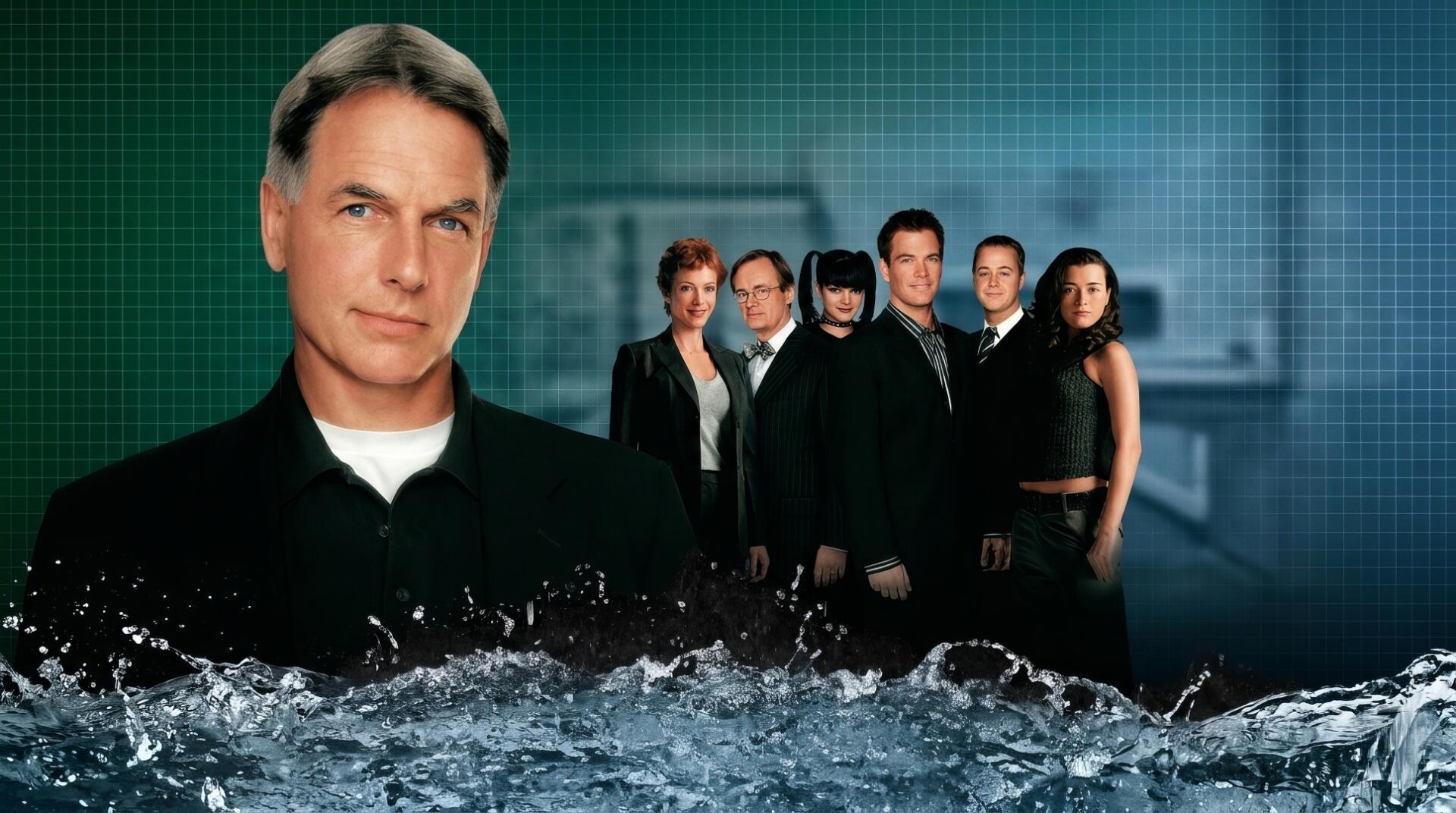 HD PC desktop wallpaper of the NCIS TV show: a large male lead portrait beside a lined-up investigative team, waves splashing in the foreground and a blurred forensic lab backdrop.