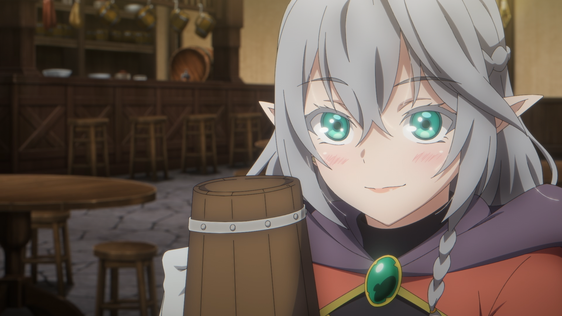HD PC desktop wallpaper of Tessia Eralith from the anime The Beginning After The End: braided silver hair, bright green eyes, smiling in a cozy tavern while holding a wooden mug.