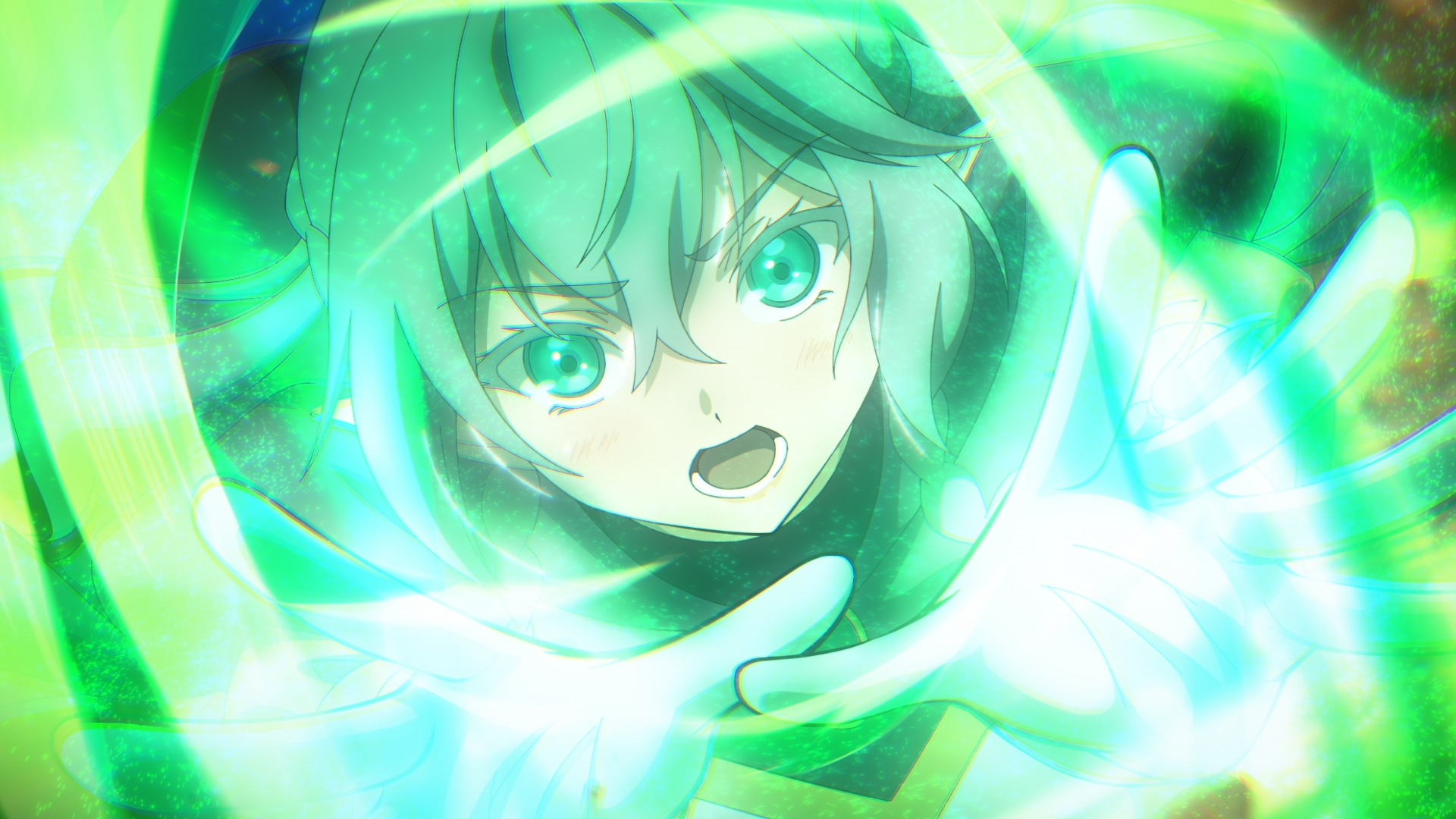 Anime HD desktop wallpaper of Tessia Eralith from The Beginning After The End, conjuring swirling green magic with a determined, intense expression.