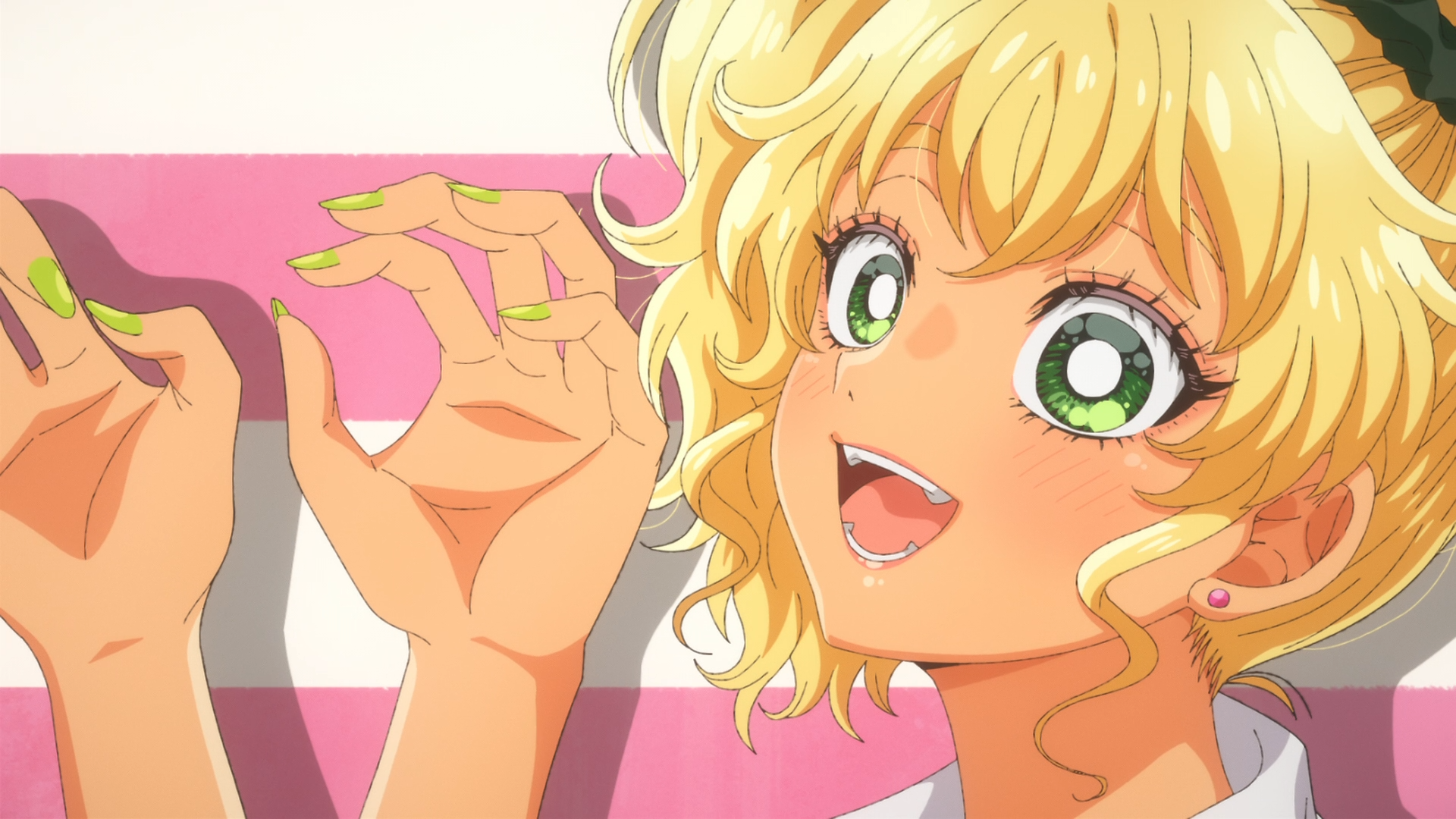 Anime HD PC desktop background of Kotoko Ijichi from Gals Can't Be Kind to Otaku!? Close-up of a cheerful, curly‑blonde girl with wide green eyes and raised hands against pink stripes.