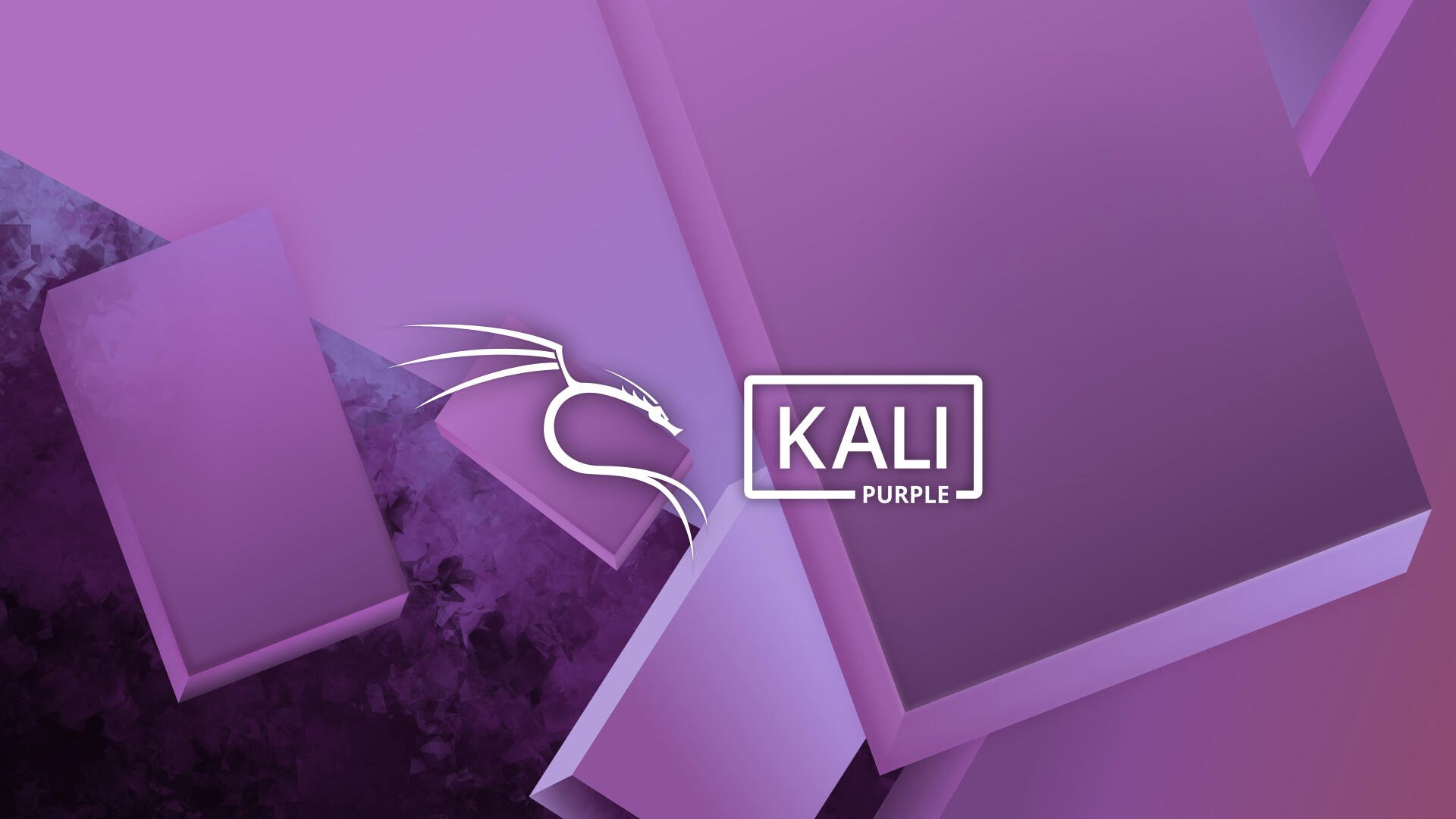 Purple 4K Ultra HD Kali Linux PC desktop wallpaper featuring the white stylized Kali logo and KALI Purple label over abstract geometric blocks and soft gradients.