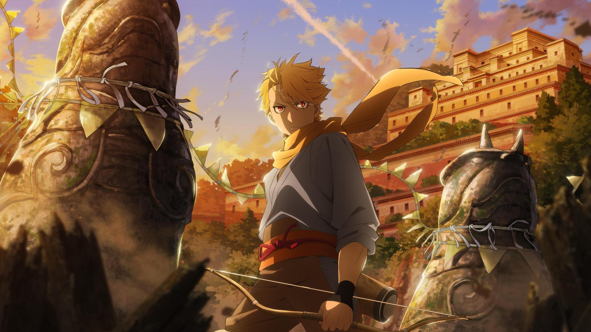 4K Ultra HD anime wallpaper: Yuru from Daemons of the Shadow Realm stands between towering daemon statues at sunset, a fortress city glowing behind him.