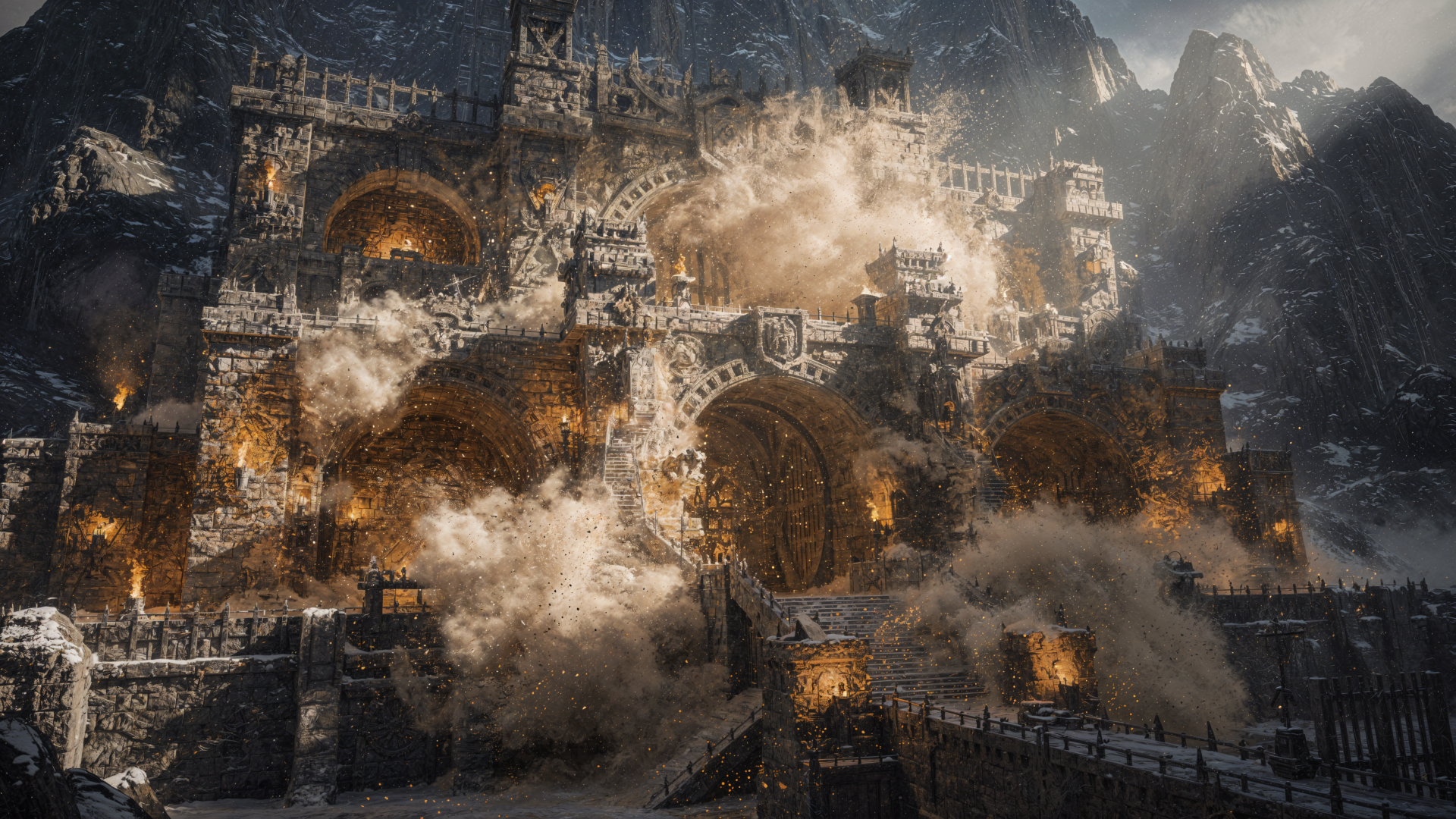 4K Ultra HD PC desktop wallpaper of a massive dwarven stronghold carved into a mountain, glowing forges and torches as explosions and dust engulf its stone gates.