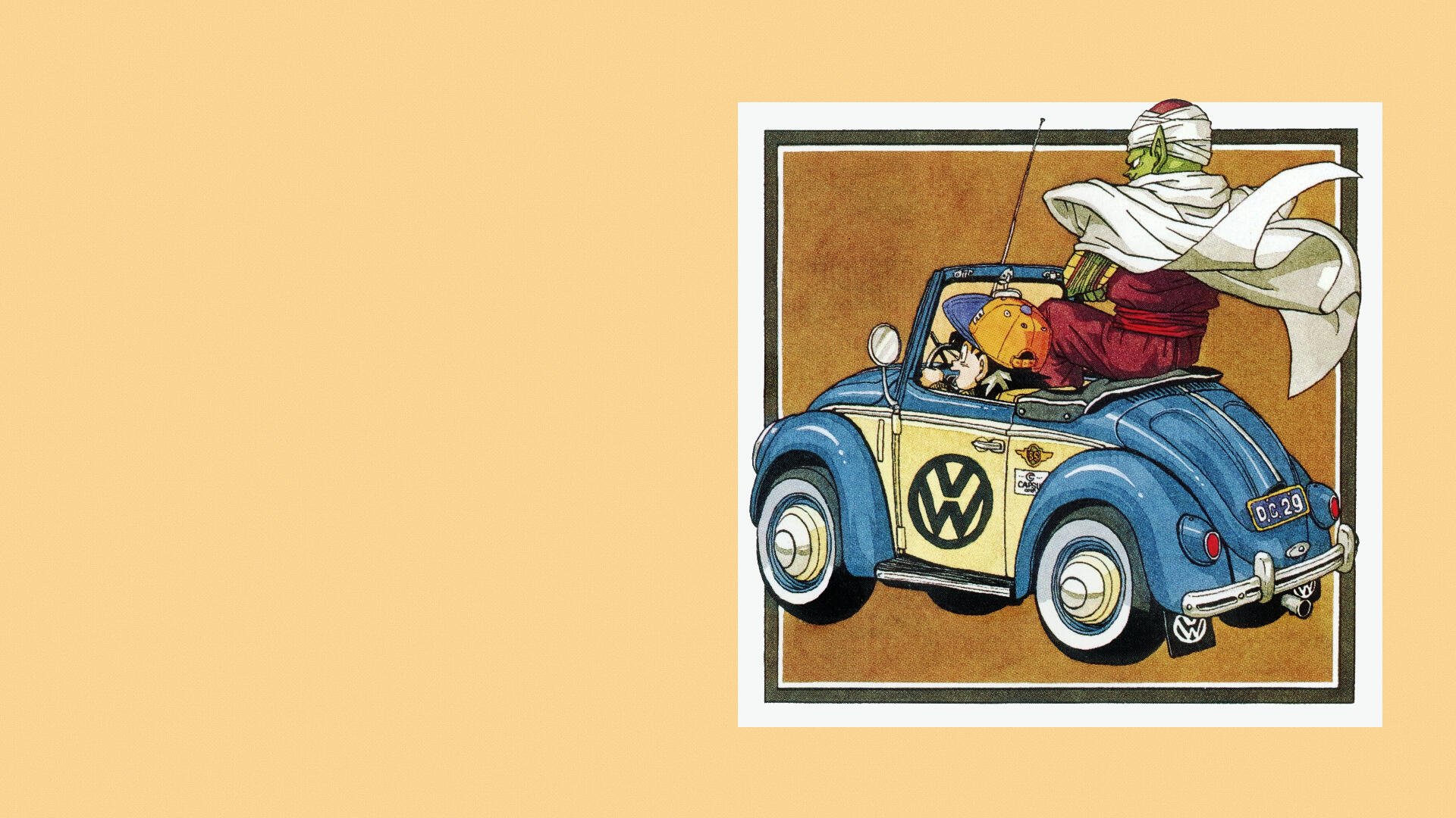 Retro anime Dragon Ball wallpaper: Gohan and Piccolo cruising in a blue Volkswagen Beetle convertible, 4K Ultra HD PC desktop background.