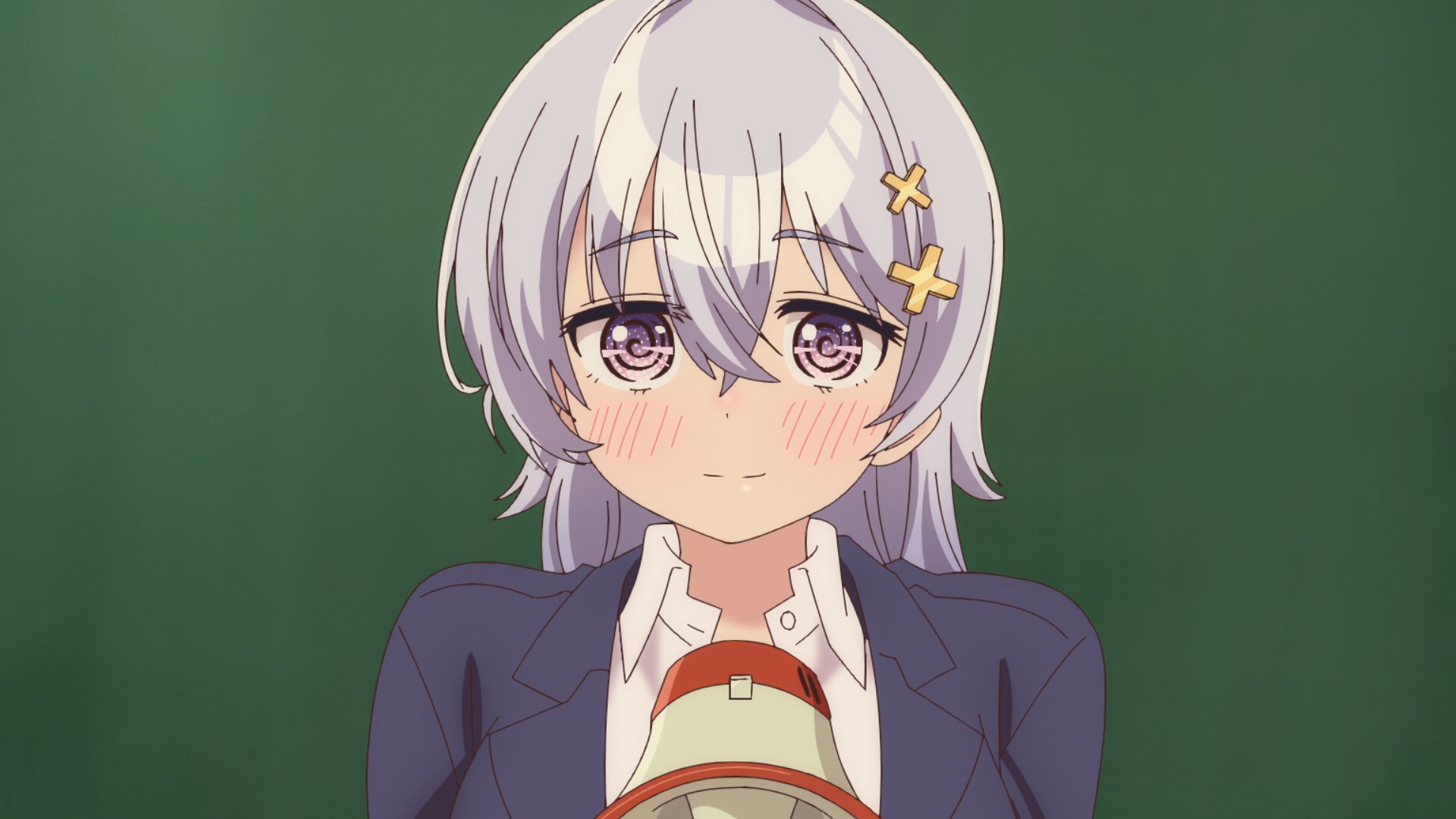 HD anime desktop wallpaper of Hiyori Hiwamura from Yowayowa Sensei: blushing silver‑haired schoolteacher in navy blazer holding a megaphone against a green chalkboard.