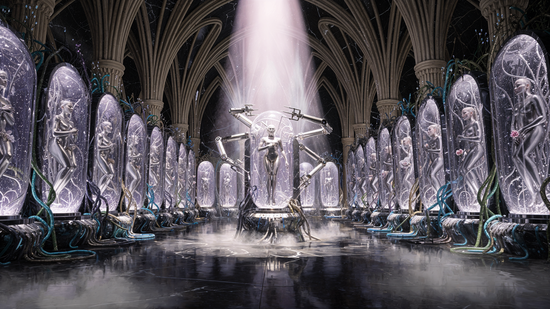 4K Ultra HD PC wallpaper: cathedral-like cloning facility with rows of illuminated pods holding humanoid clones, a central pod bathed in light and cables.