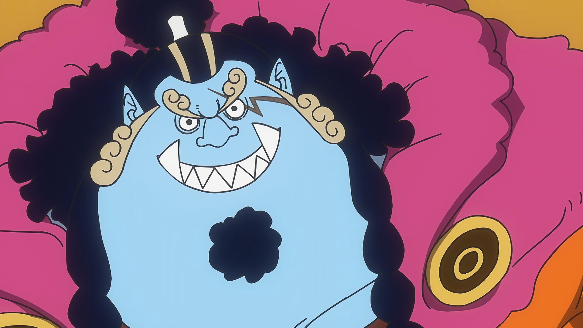 HD PC wallpaper of Jinbe (One Piece): close-up of the blue fish-man with a wide toothy grin, curly black hair and ornate robes against a vibrant pink-orange background.