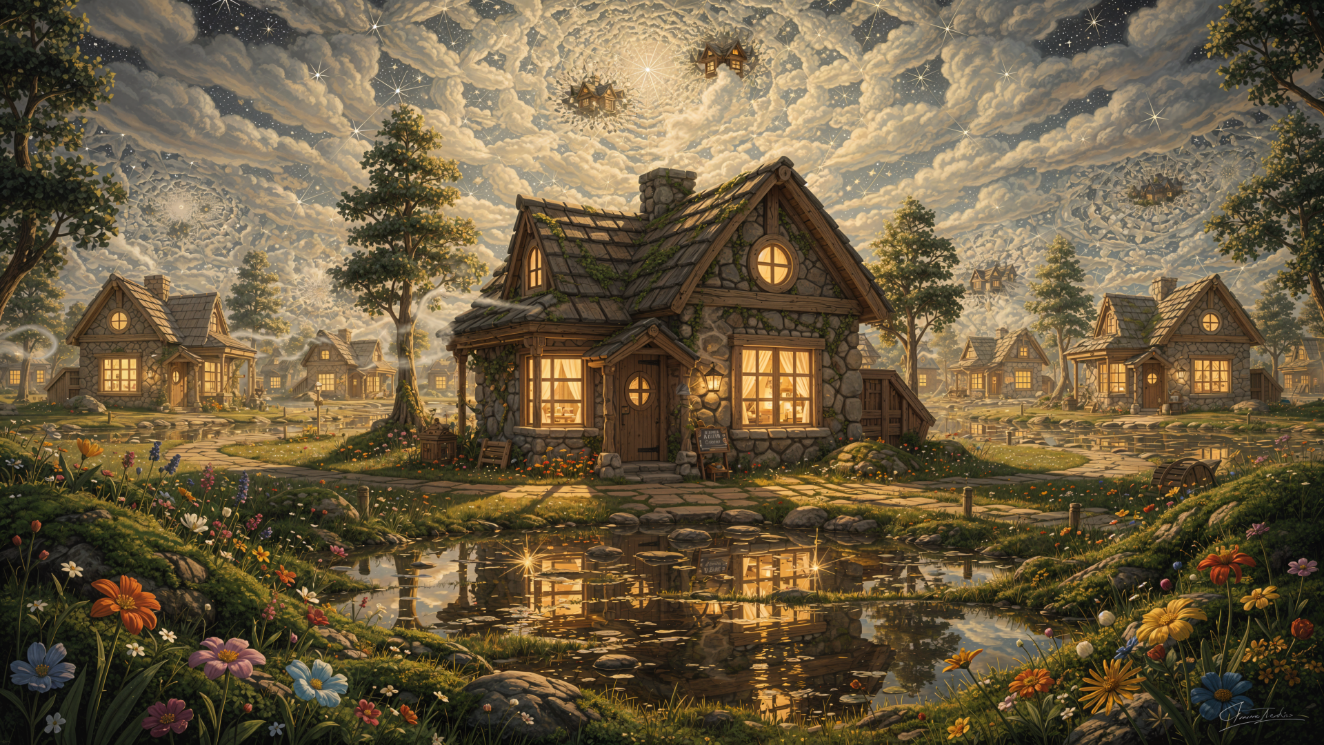 Cozy cottage at dusk by a reflective pond, glowing windows and flowered banks among nearby cottages — 4K Ultra HD PC Desktop Wallpaper and Background