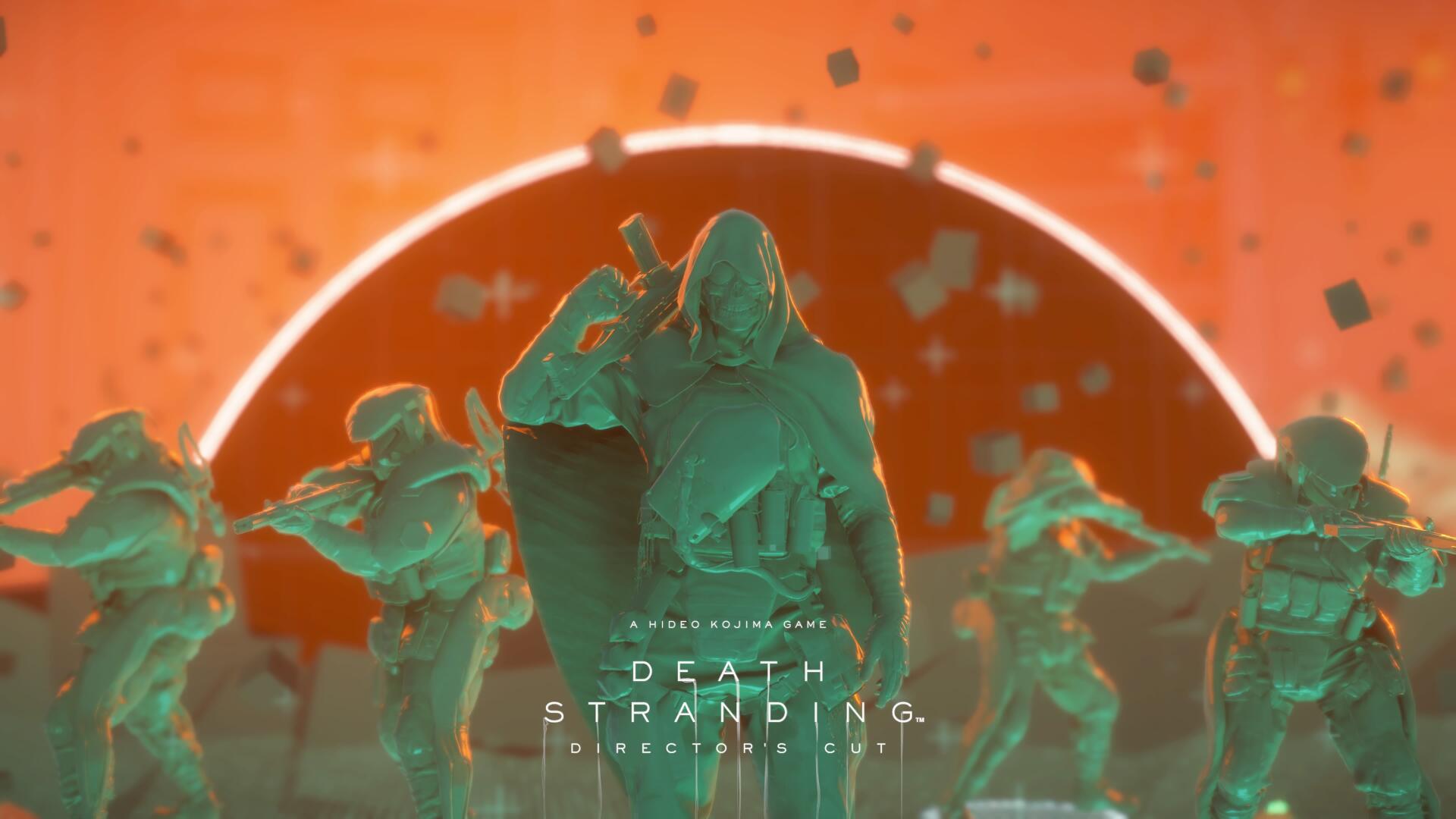 4K Ultra HD PC desktop wallpaper for the video game Death Stranding: teal hooded figures and soldiers stand before a glowing orange halo, Death Stranding logo at bottom.