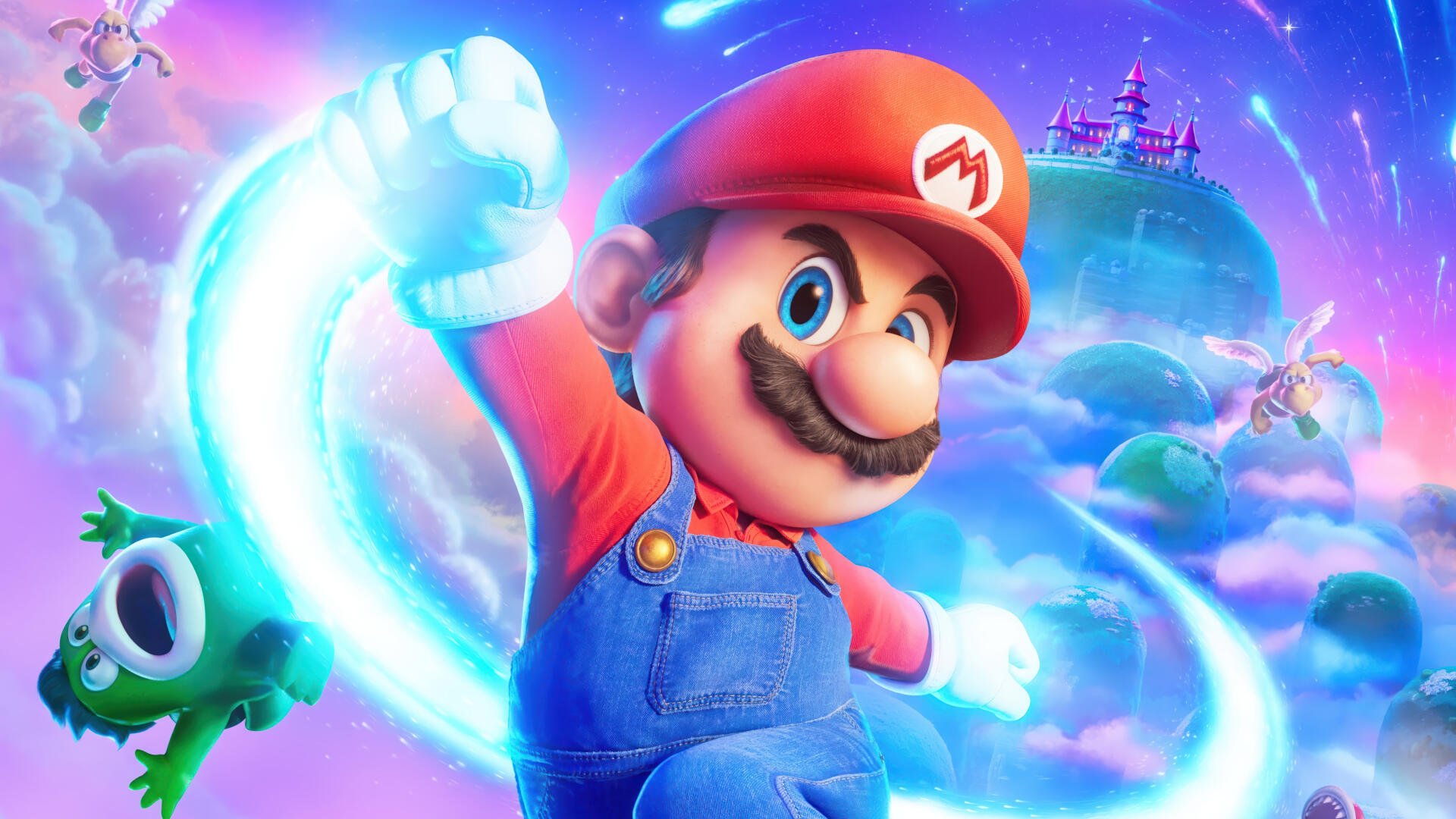 Vibrant 4K Ultra HD PC desktop wallpaper of Mario from The Super Mario Galaxy Movie, leaping through luminous starry clouds and cosmic rings toward a distant castle.