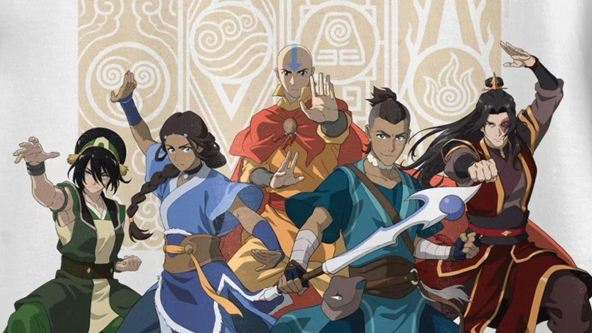 Avatar: The Last Airbender HD PC desktop wallpaper showing Toph, Katara, Aang, Sokka and Zuko posed ready for battle against a stylized elemental background.