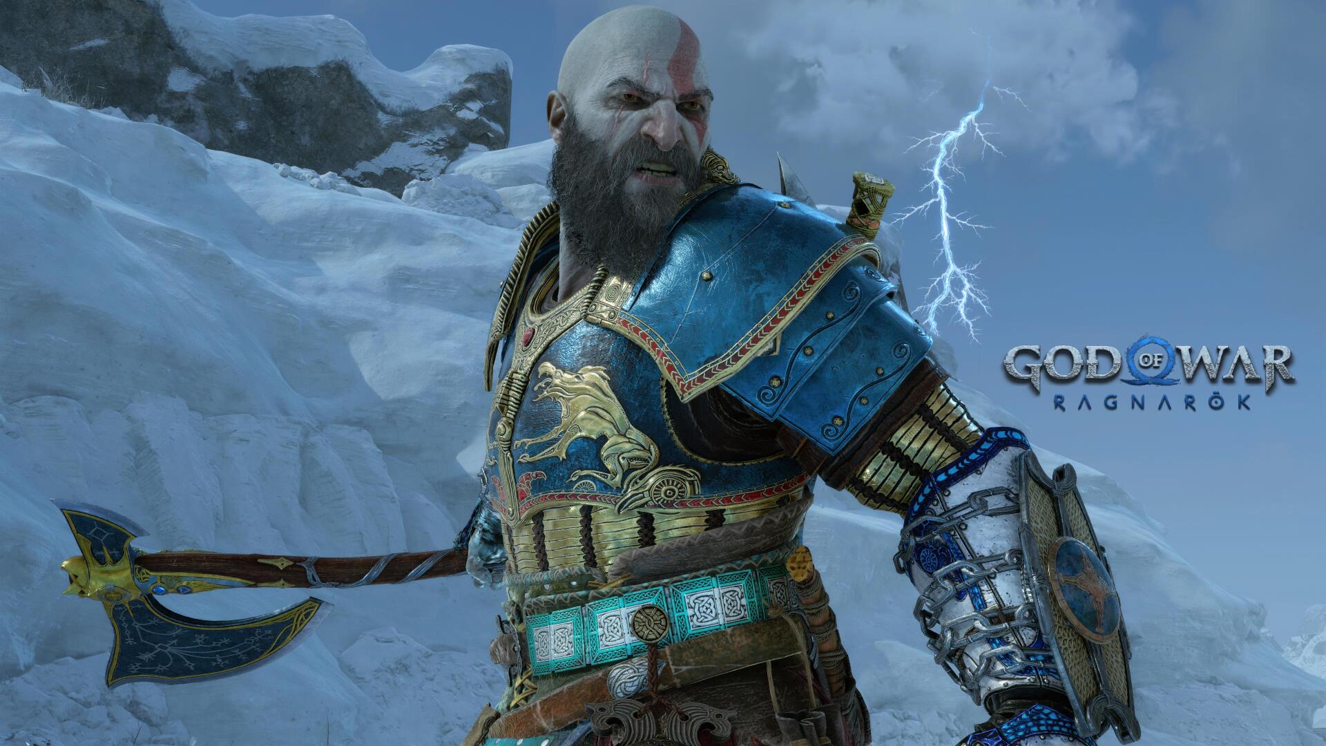 Kratos from God of War: Ragnarök in blue armor and a lightning-charged axe, standing against a snowy mountain backdrop — 4K Ultra HD PC desktop wallpaper/background