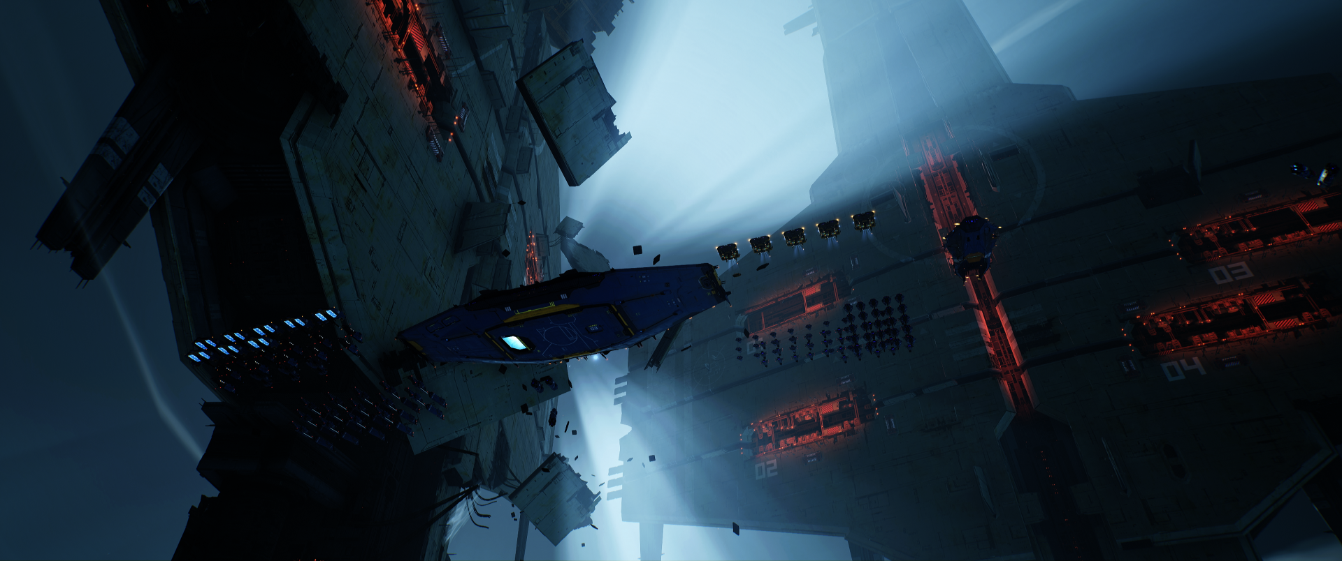 Homeworld video game 2K Quad HD PC desktop wallpaper: a lone blue starship navigates a cavernous, ruined space station lit by red panels and cold blue fog.