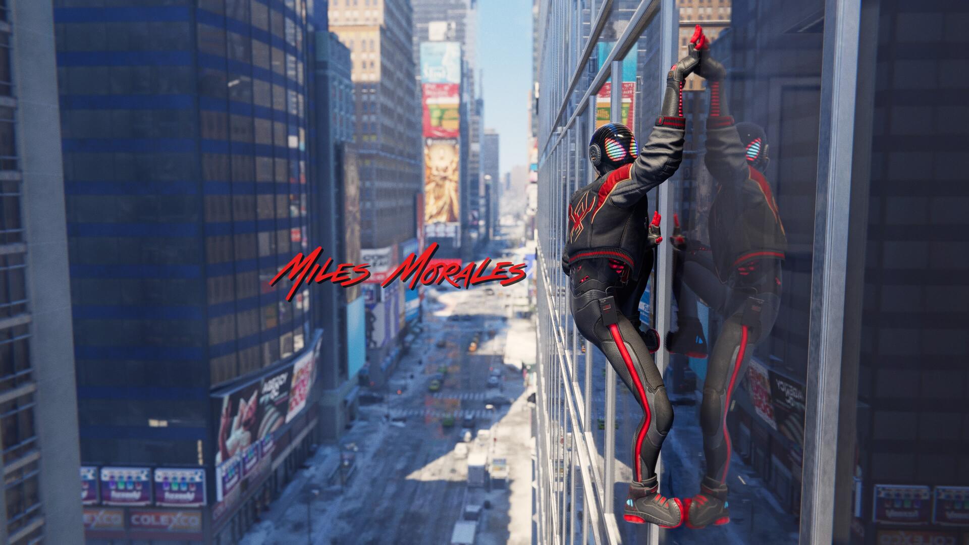 Miles Morales from Spider-Man (PS4) video game clings to a glass skyscraper above snowy city streets — 4K Ultra HD PC desktop wallpaper.