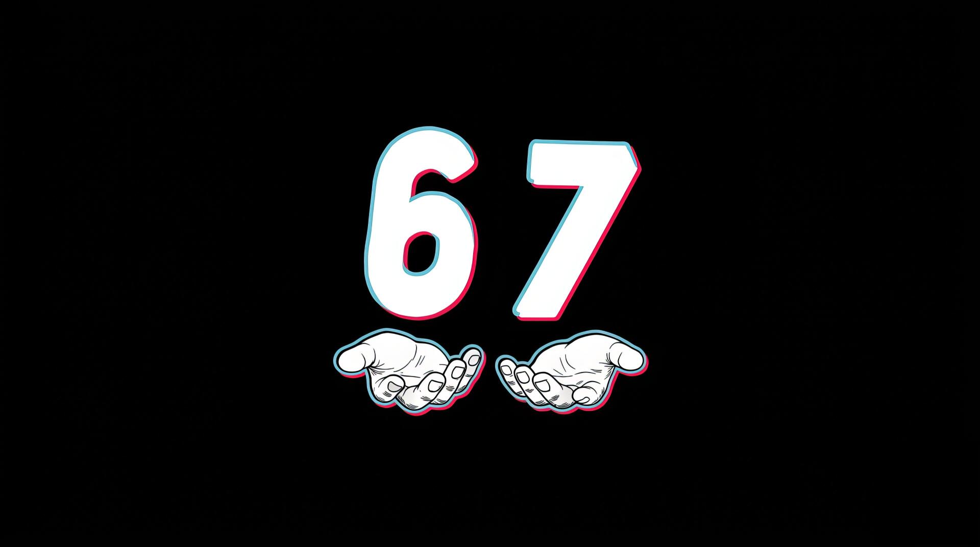 2K Quad HD PC wallpaper: meme-style white 67 with red/cyan glitch outline on a black background, two cartoon palms-up hands beneath.