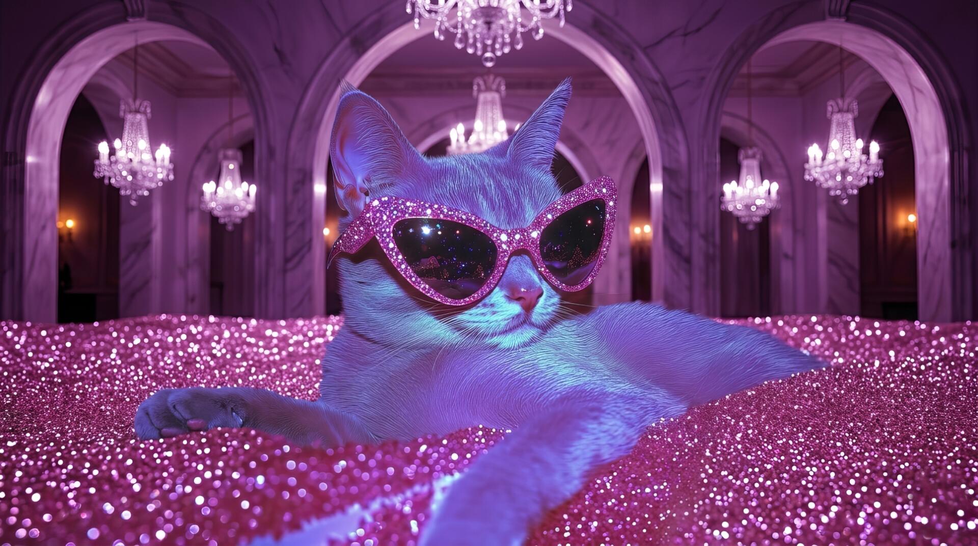 HD PC desktop wallpaper/background: pink glitter pool in a chandeliered ballroom with a lounging cat wearing sparkly Y2K sunglasses — funny, Y2K aesthetic.