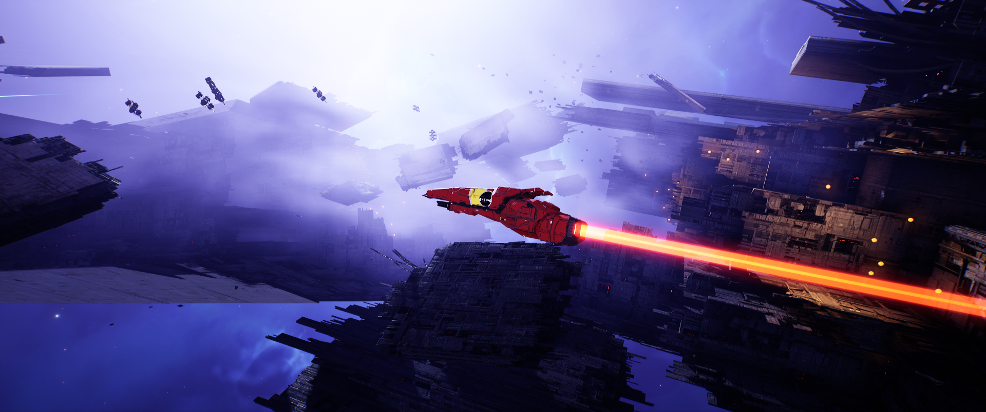 Homeworld video game scene: red spacecraft streaks over a shattered planet in deep purple space, glowing thruster trail — 2K Quad HD PC desktop wallpaper/background