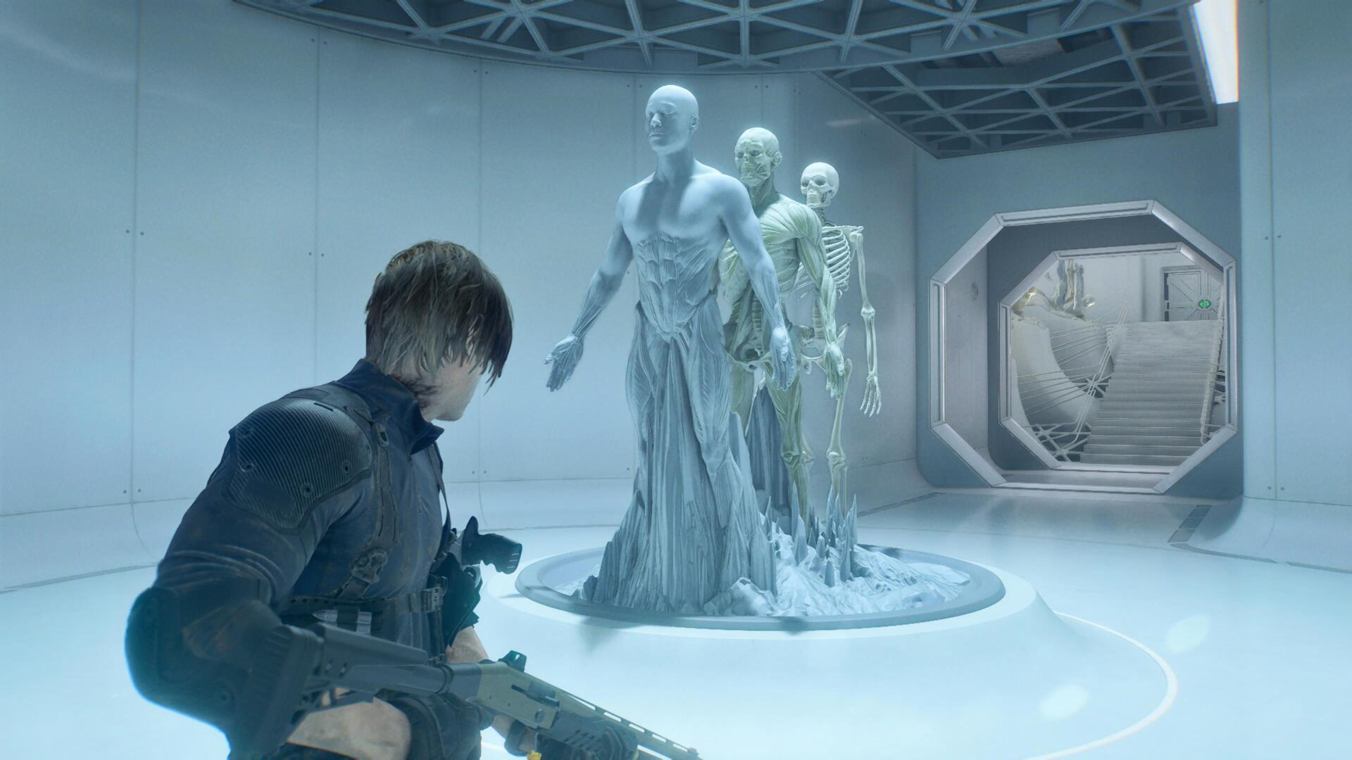 Resident Evil video game 4K Ultra HD PC desktop wallpaper: armed protagonist in dark gear aims at ghostly humanoid statues and skeletons inside a sterile, white futuristic chamber.