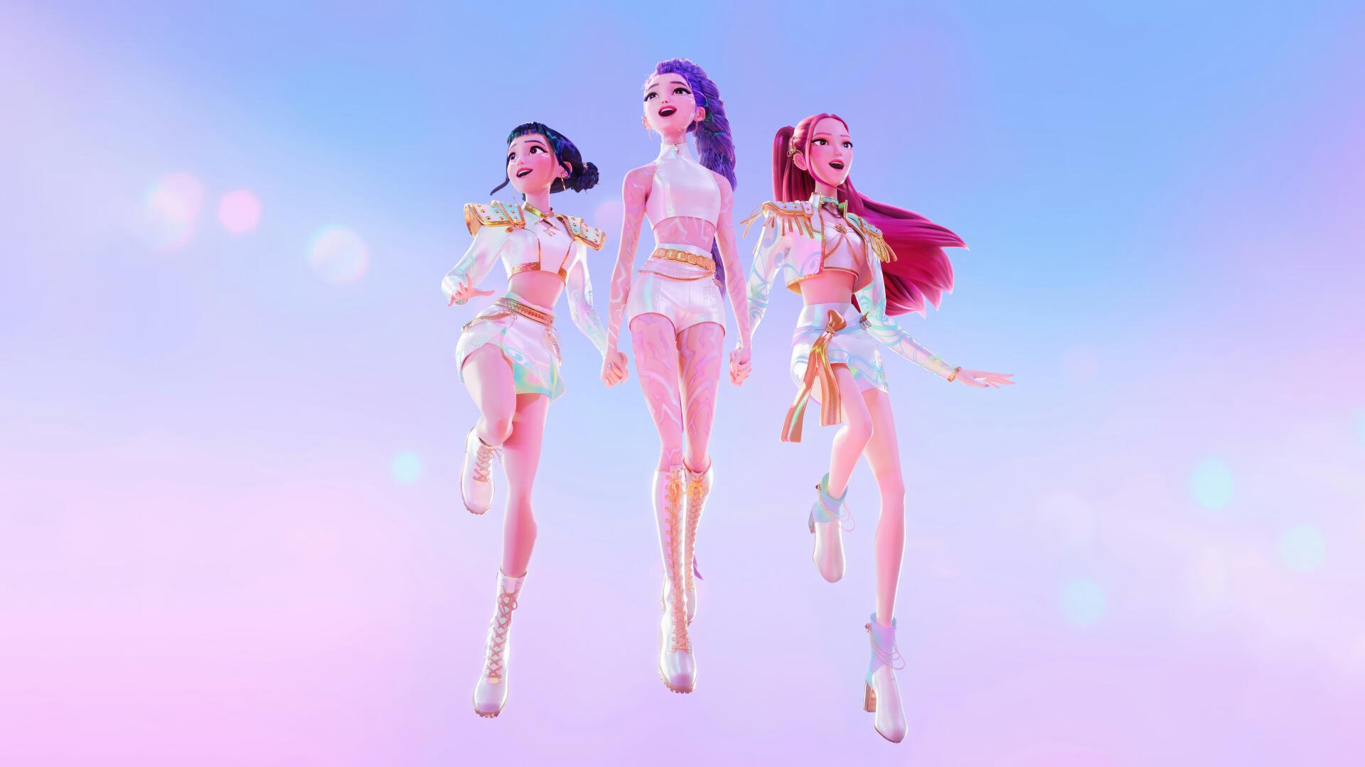 Three stylized KPop Demon Hunters in glittering stage outfits stride against a dreamy pastel sky — vivid, high-detail 8K Ultra HD PC desktop wallpaper and background.