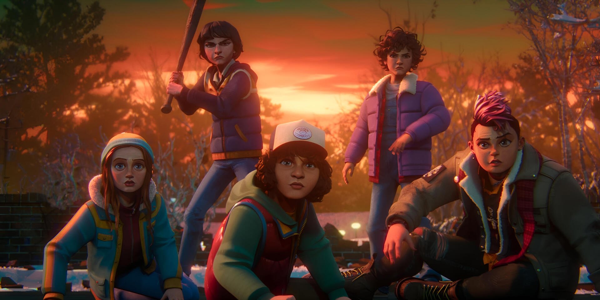 2K Quad HD PC desktop wallpaper/background for the TV show Stranger Things: Tales from '85 — five animated kids in retro coats poised in an orange twilight forest.