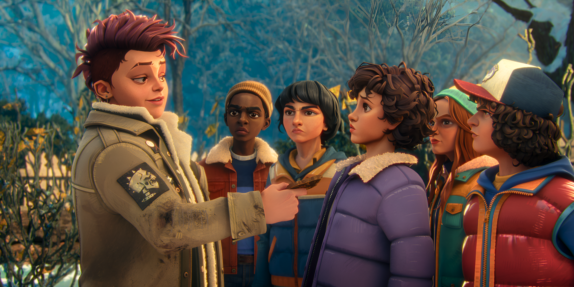 Six kids from the TV show Stranger Things: Tales from '85 stand in moonlit woods, expressive faces, rendered as a colorful 2K Quad HD PC desktop wallpaper background.