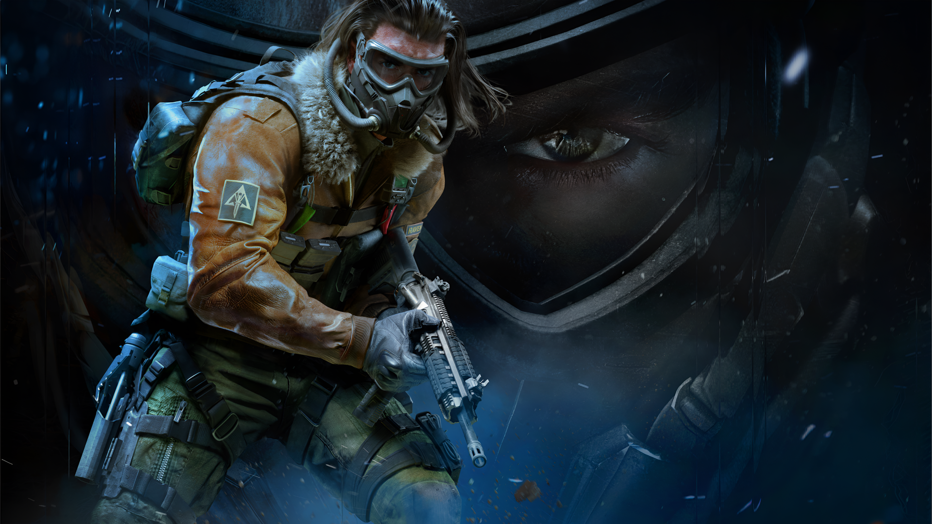 4K Ultra HD PC desktop wallpaper of a Call of Duty: Black Ops 7 soldier in a gas mask and tactical gear, rifle raised amid a dark, smoky battlefield with a looming masked visage.