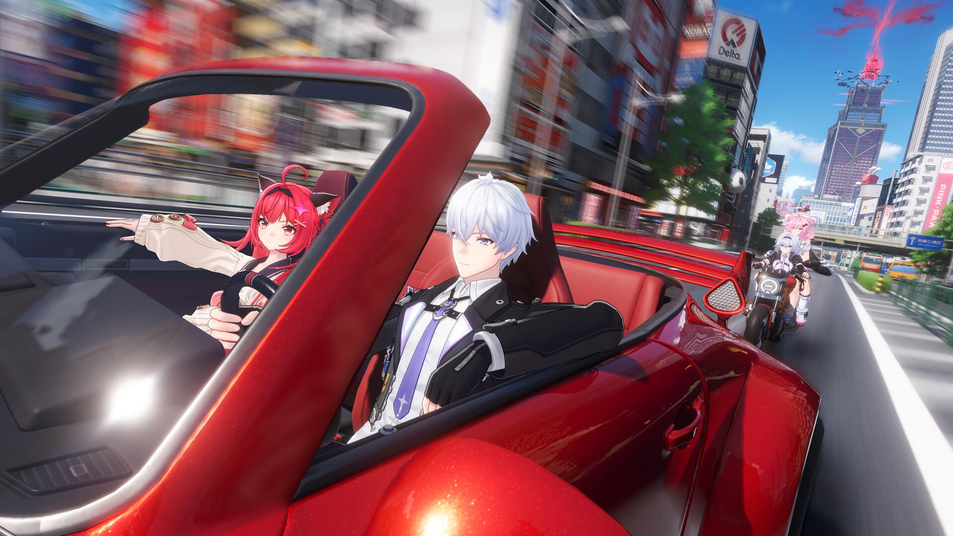 Anime-style scene from mobile game Neverness to Everness: two characters in a red convertible racing through a neon city, motion blur — 4K Ultra HD PC desktop wallpaper/background.